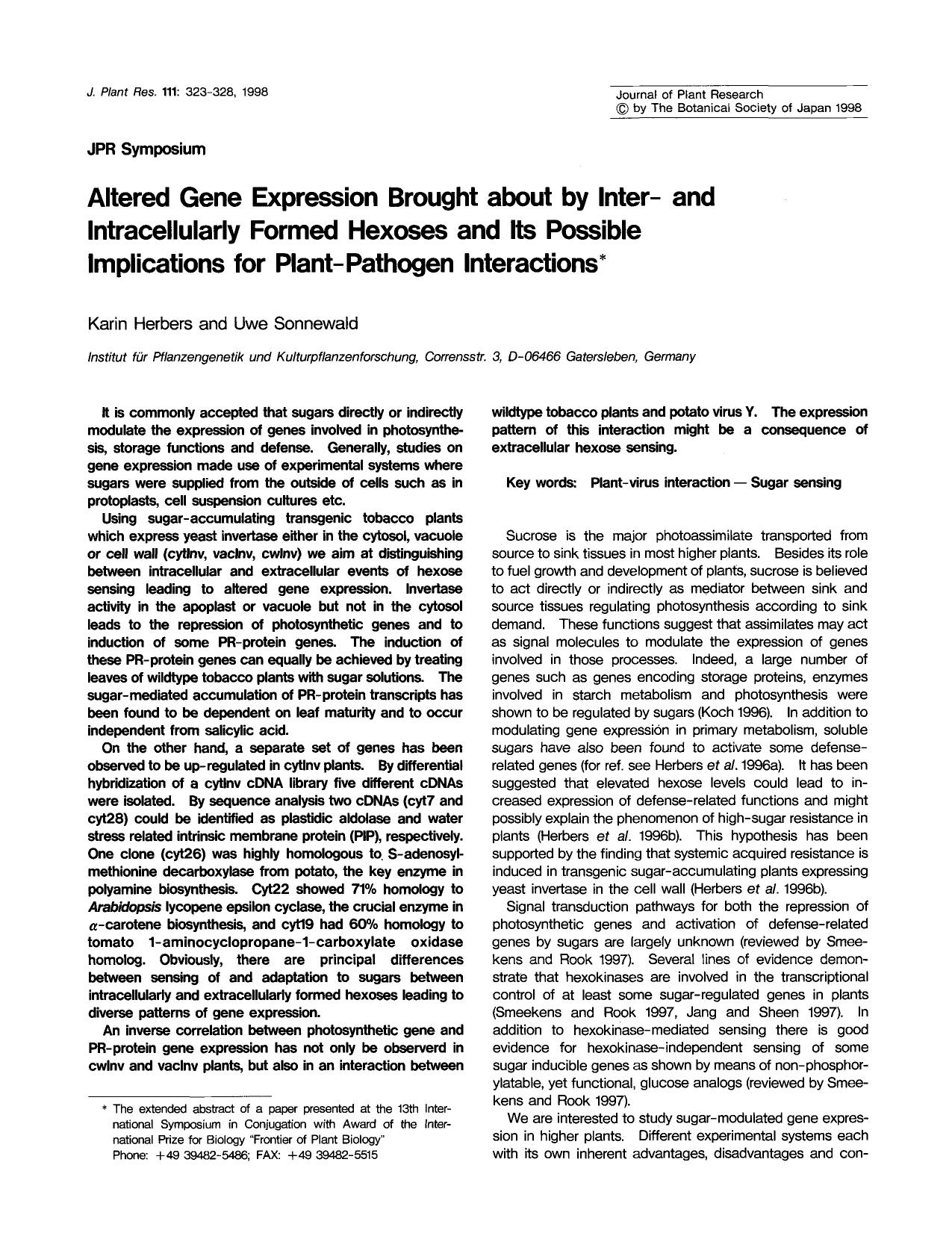 Altered gene expression brought about by inter- and intracellularly formed hexoses and its possible implications for plant-pathogen interactions by Unknown