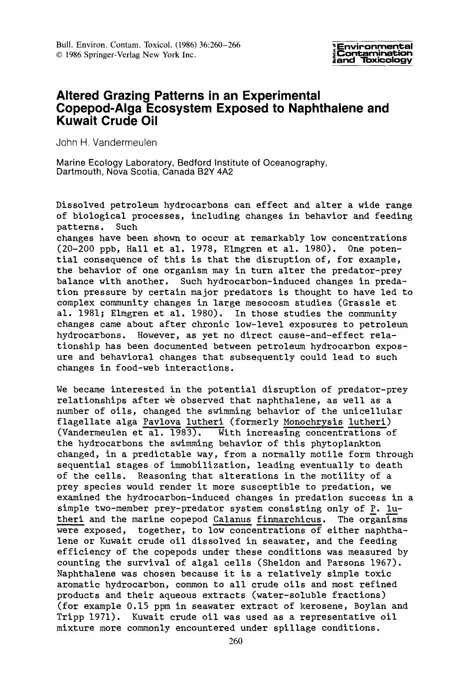 Altered grazing patterns in an experimental copepod-alga ecosystem exposed to naphthalene and Kuwait crude oil by Unknown