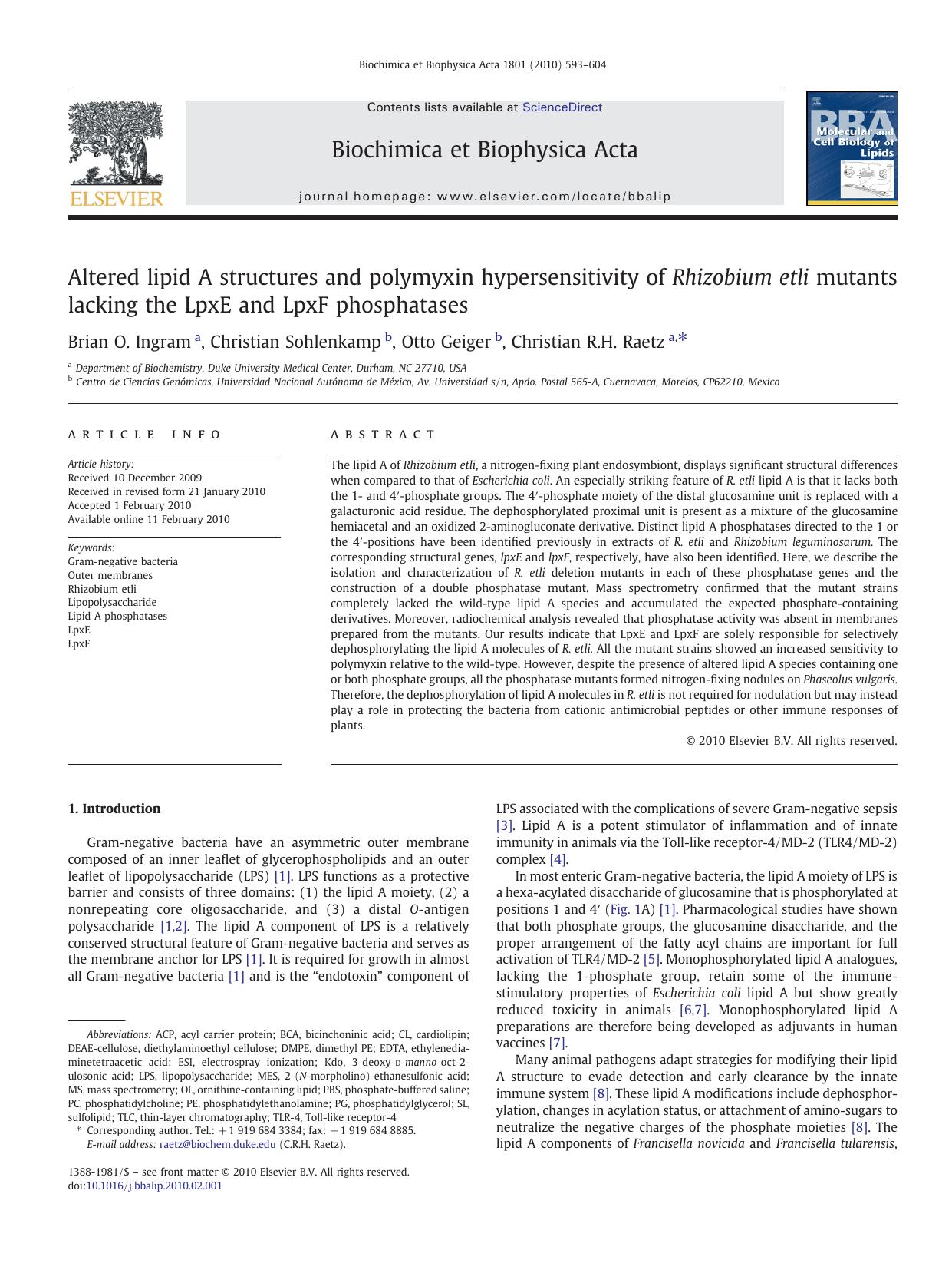 Altered lipid A structures and polymyxin hypersensitivity of Rhizobium etli mutants lacking the LpxE and LpxF phosphatases by Brian O. Ingram; Christian Sohlenkamp; Otto Geiger; Christian R.H. Raetz