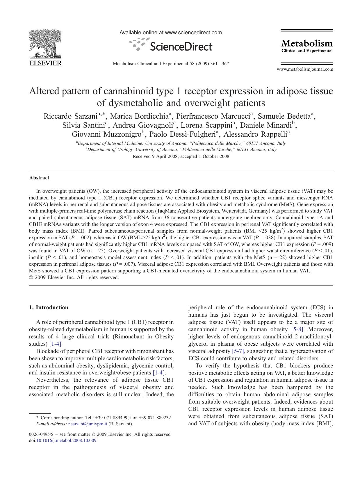 Altered pattern of cannabinoid type 1 receptor expression in adipose tissue of dysmetabolic and overweight patients by unknow