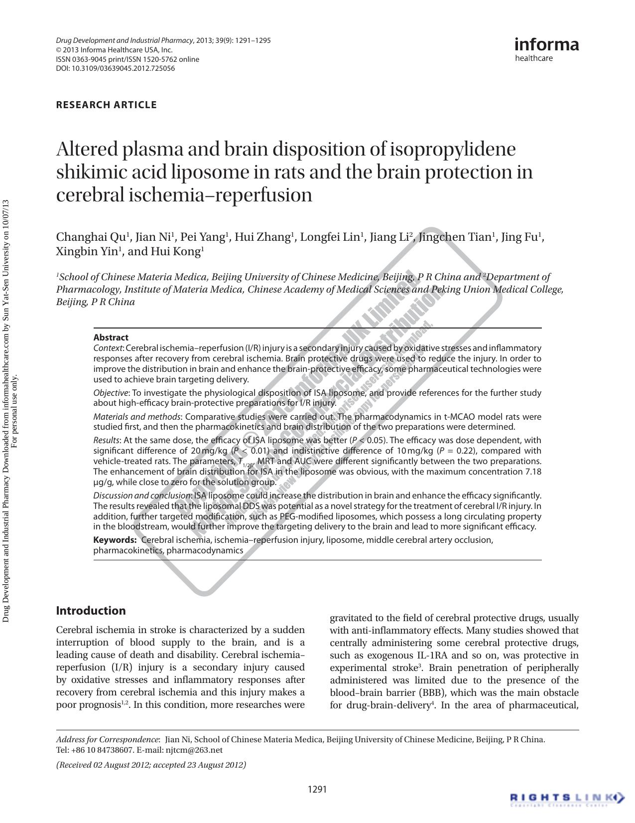 Altered plasma and brain disposition of isopropylidene shikimic acid liposome in rats and the brain protection in cerebral ischemiaâreperfusion by unknow