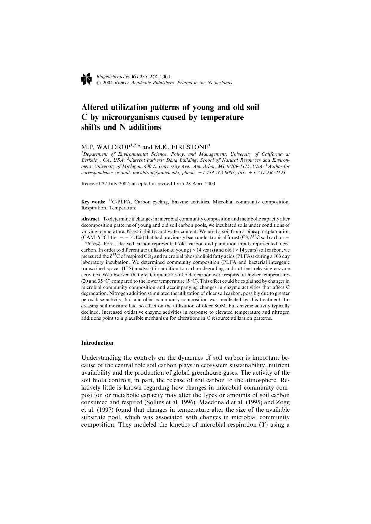 Altered utilization patterns of young and old soil C by microorganisms caused by temperature shifts and N additions by Unknown