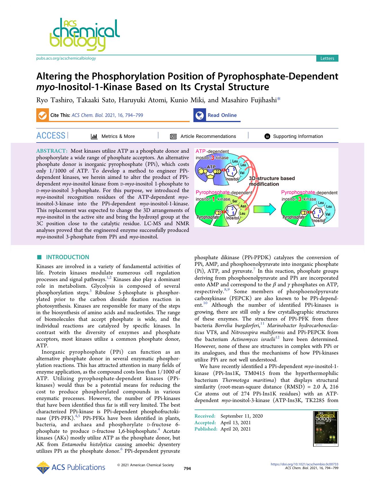 Altering the Phosphorylation Position of Pyrophosphate-Dependent myo-Inositol-1-Kinase Based on Its Crystal Structure by Ryo Tashiro Takaaki Sato Haruyuki Atomi Kunio Miki and Masahiro Fujihashi