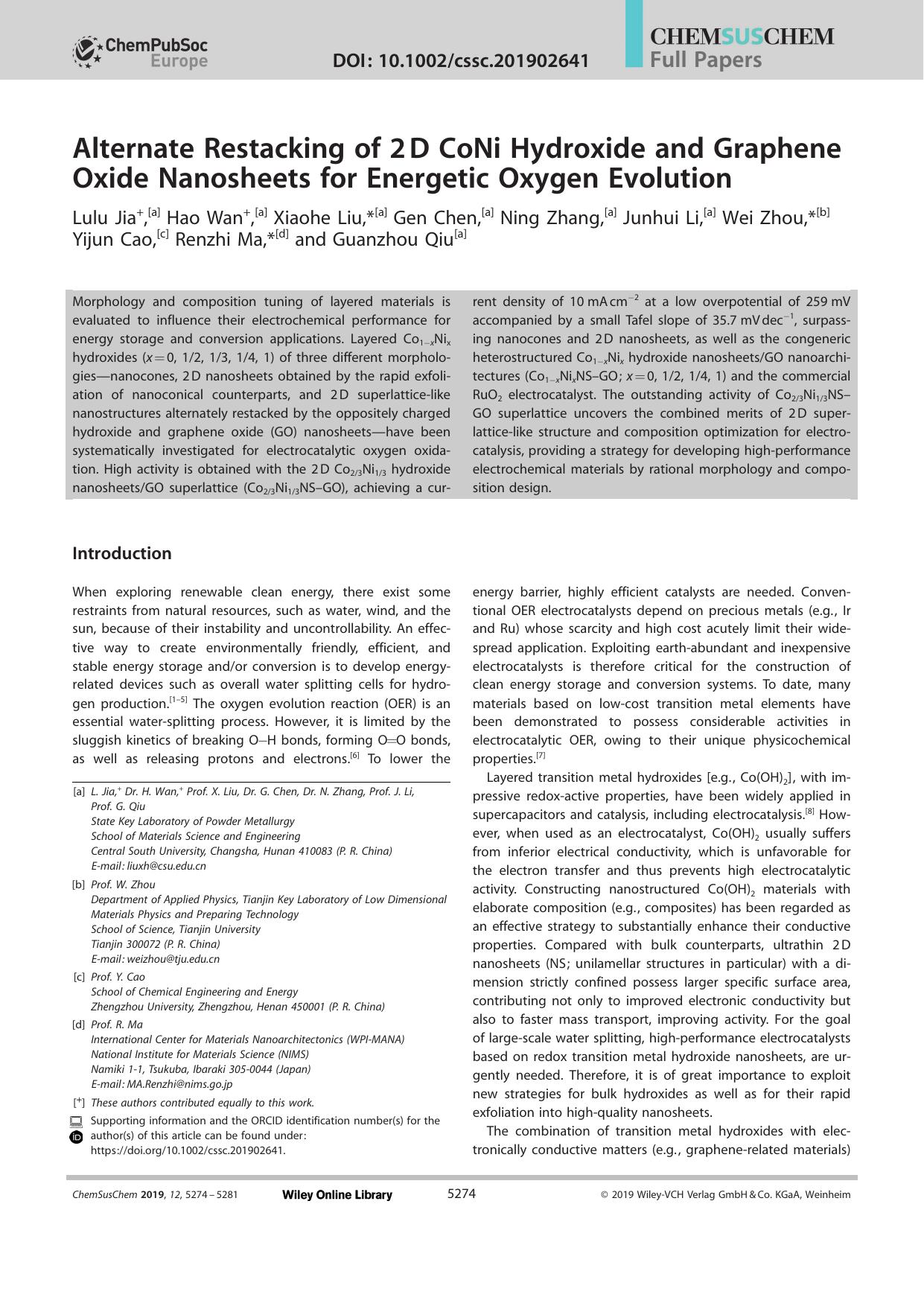 Alternate Restacking of 2âD CoNi Hydroxide and Graphene Oxide Nanosheets for Energetic Oxygen Evolution by Unknown