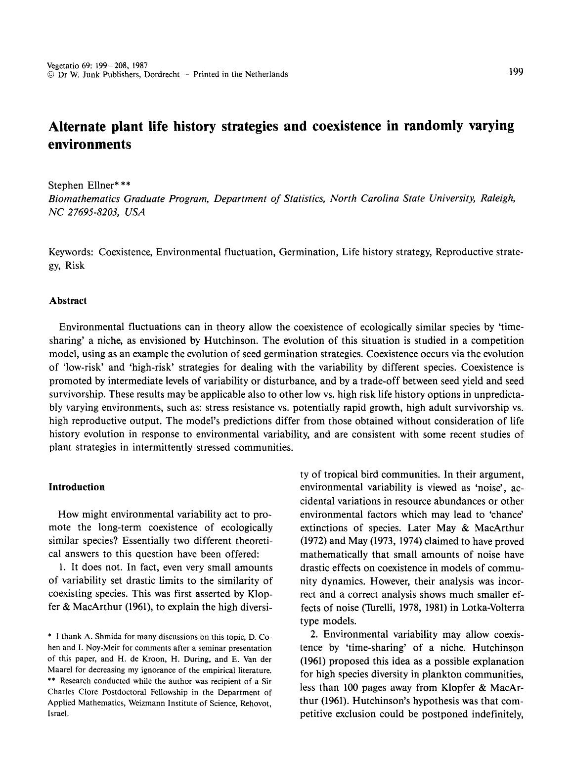 Alternate plant life history strategies and coexistence in randomly varying environments by Unknown