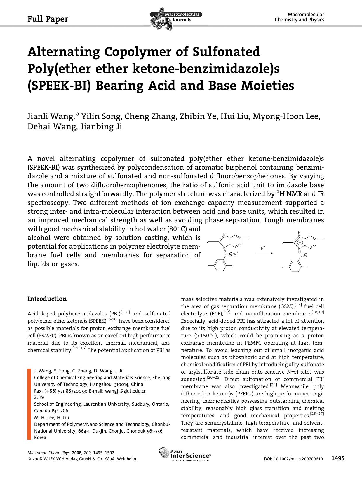 Alternating Copolymer of Sulfonated Poly(ether ether ketone-benzimidazole)s (SPEEK-BI) Bearing Acid and Base Moieties by unknow