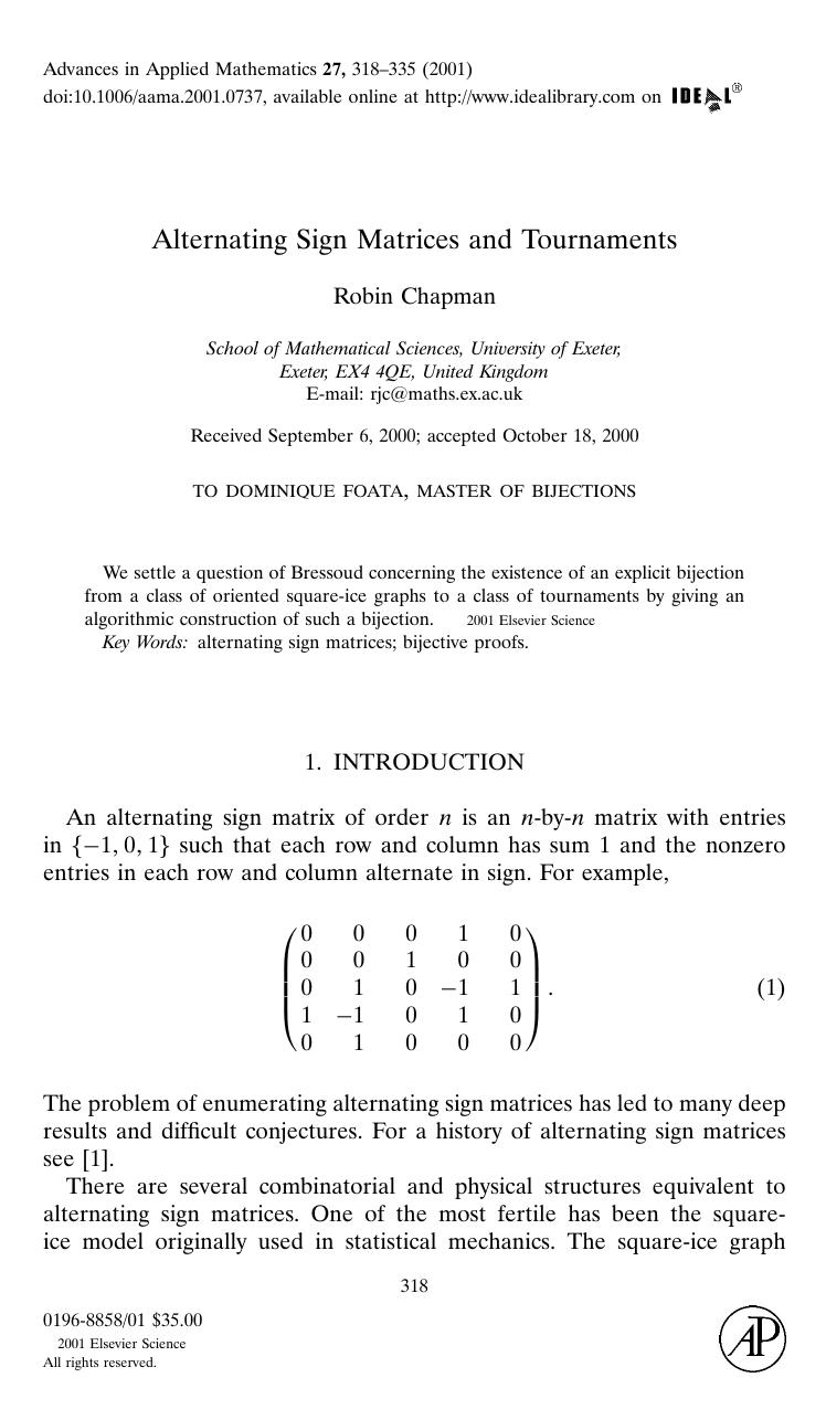 Alternating Sign Matrices and Tournaments by Chapman R