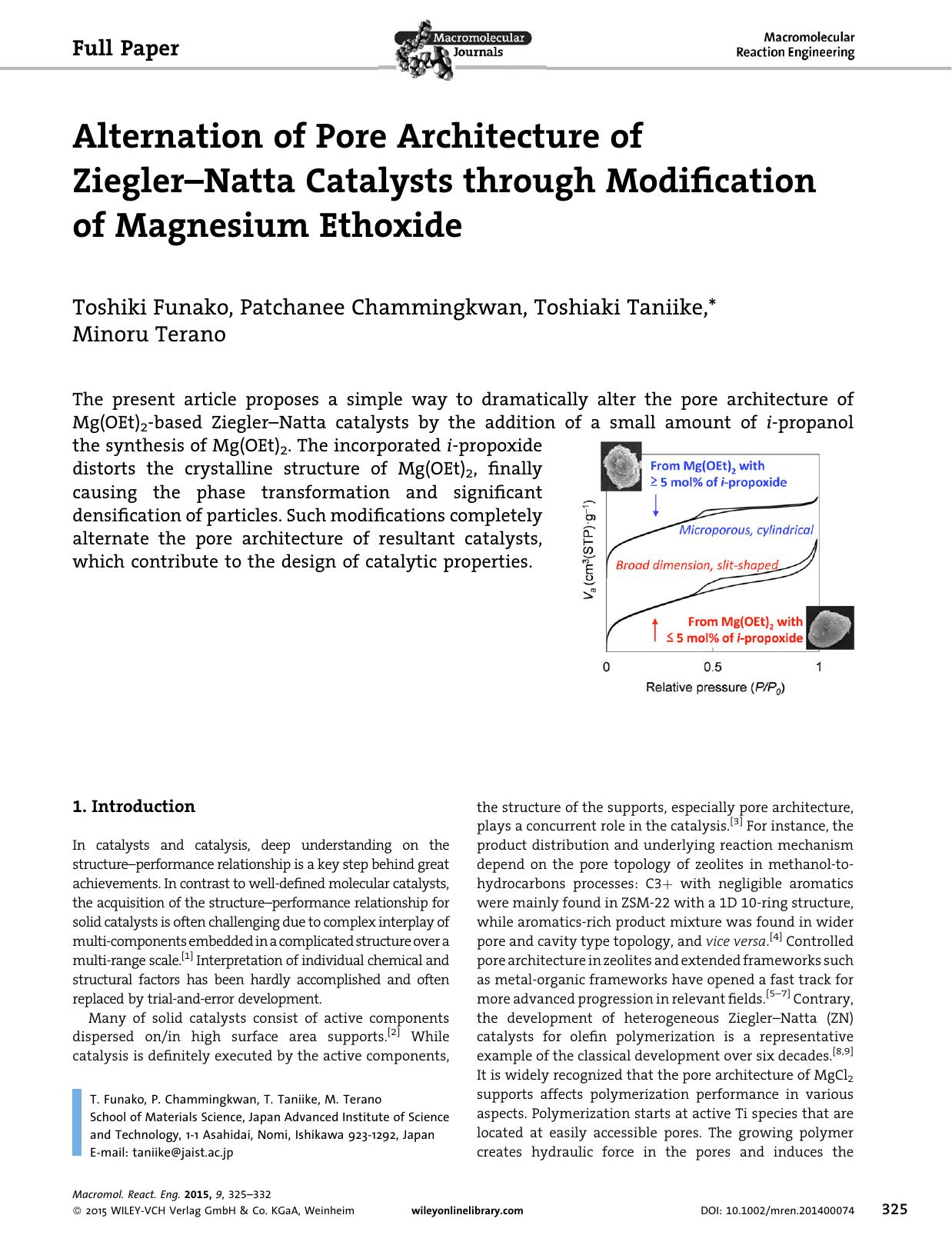 Alternation of Pore Architecture of Ziegler-Natta Catalysts through Modification of Magnesium Ethoxide by Unknown