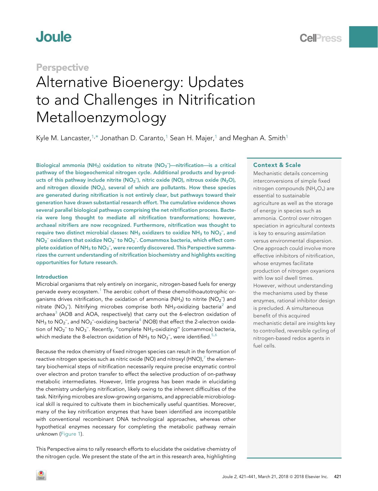 Alternative Bioenergy: Updates to and Challenges in Nitrification Metalloenzymology by Kyle M. Lancaster & Jonathan D. Caranto & Sean H. Majer & Meghan A. Smith