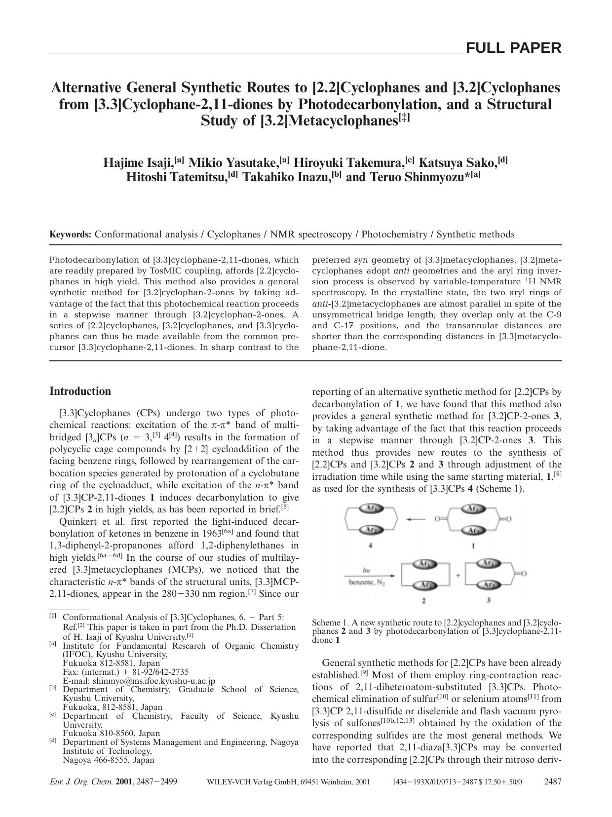 Alternative General Synthetic Routes to [2.2]Cyclophanes and [3.2]Cyclophanes from [3.3]Cyclophane-2,11-diones by Photodecarbonylation, and a Structural Study of [3.2]Metacyclophanes by Unknown