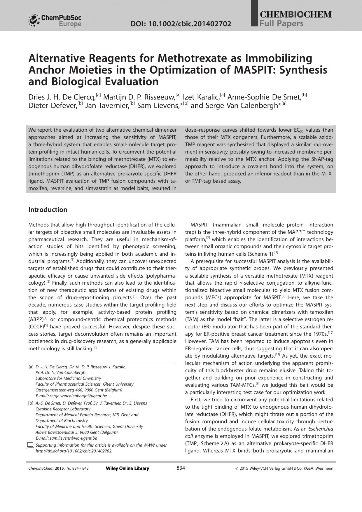 Alternative Reagents for Methotrexate as Immobilizing Anchor Moieties in the Optimization of MASPIT: Synthesis and Biological Evaluation by Unknown