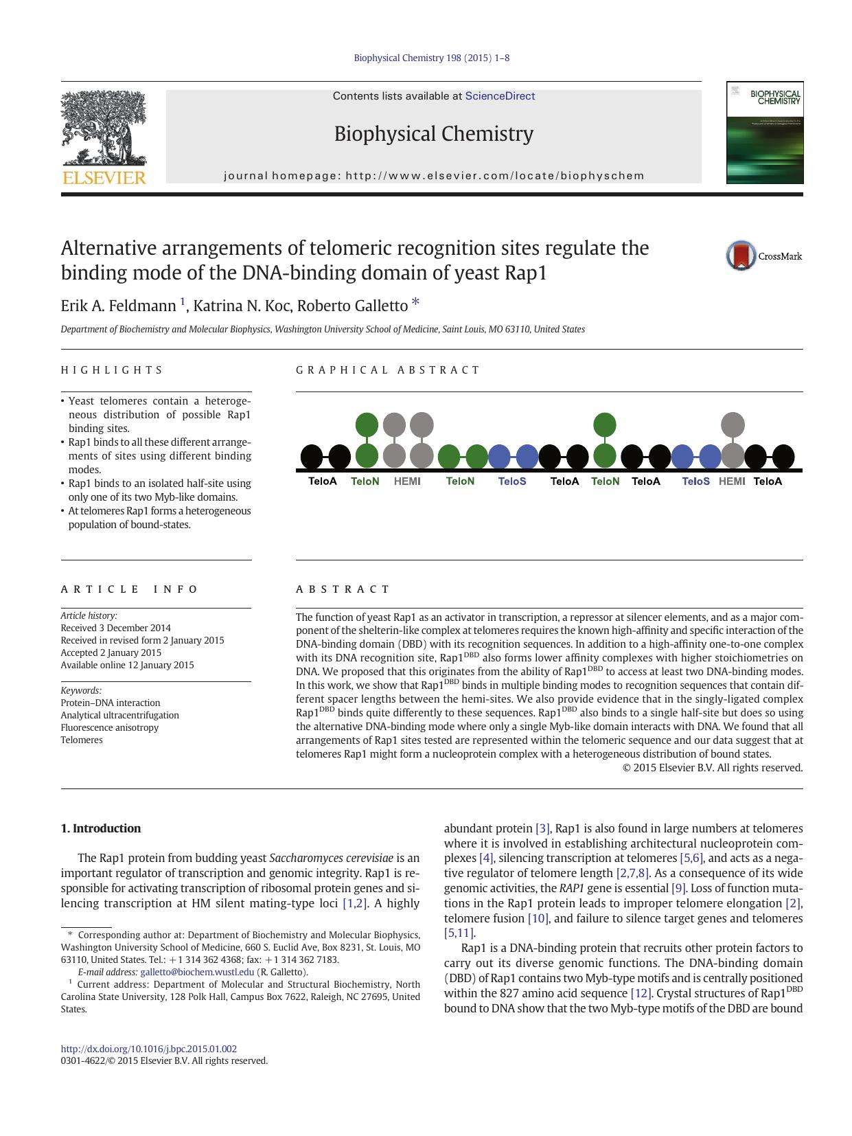 Alternative arrangements of telomeric recognition sites regulate the binding mode of the DNA-binding domain of yeast Rap1 by Erik A. Feldmann & Katrina N. Koc & Roberto Galletto