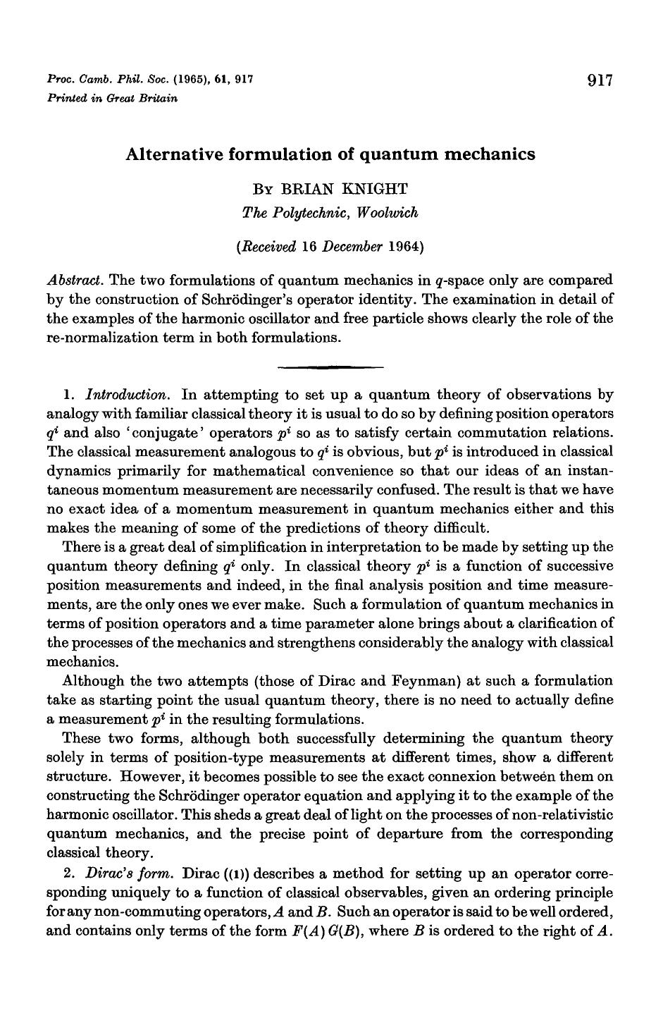 Alternative formulation of quantum mechanics by Brian Knight