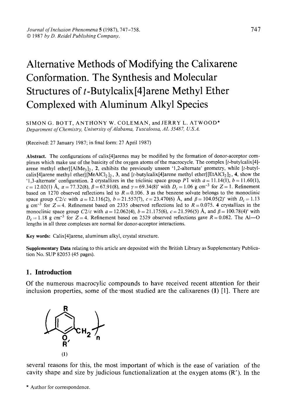 Alternative methods of modifying the calixarene conformation. The synthesis and molecular structures of <Emphasis Type="Italic">t <Emphasis>-butylcalix[4]arene methyl ether complex by Unknown