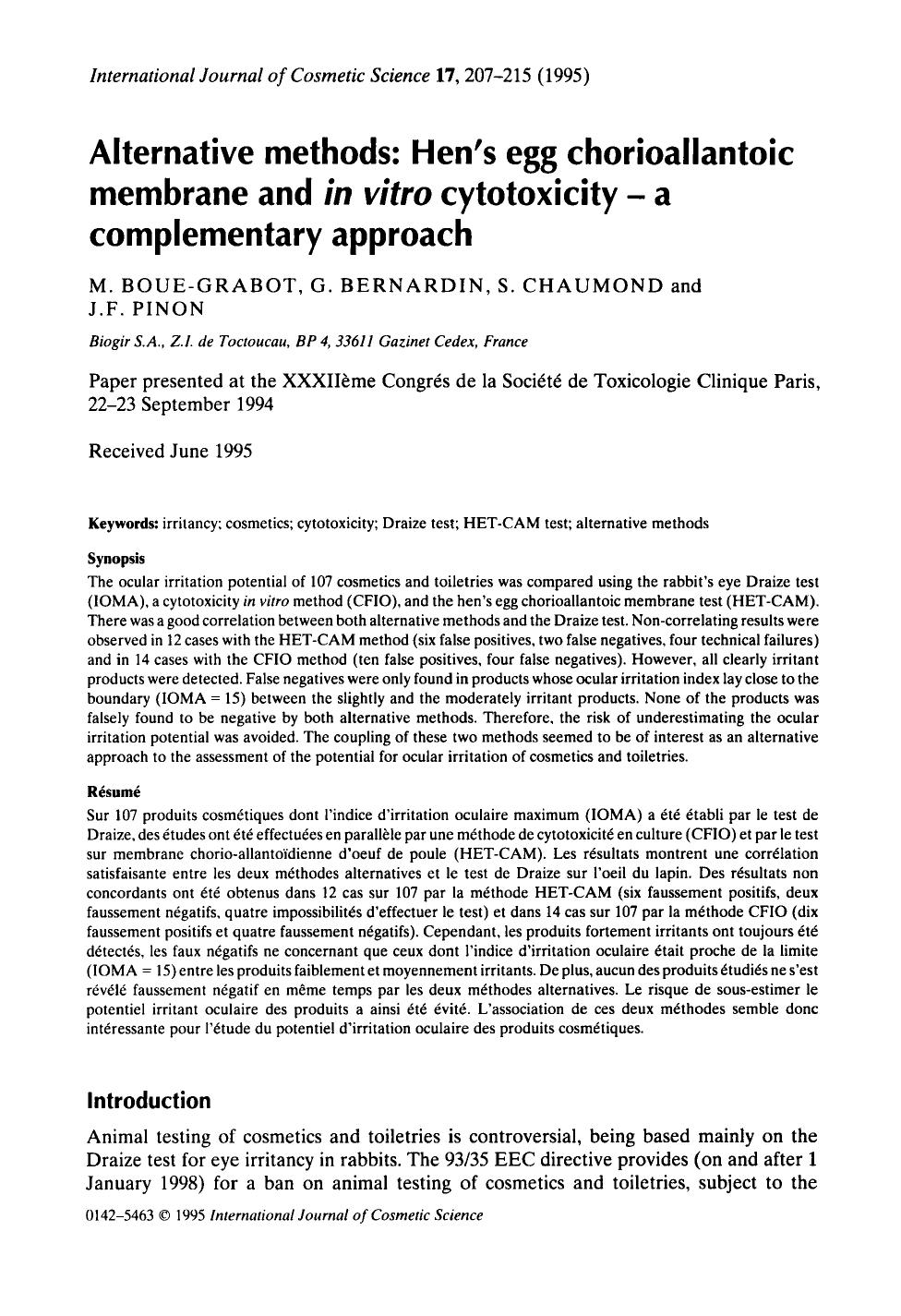 Alternative methods: Hen's egg chorioallantoic membrane and in vitro cytotoxicity â a complementary approach by Unknown