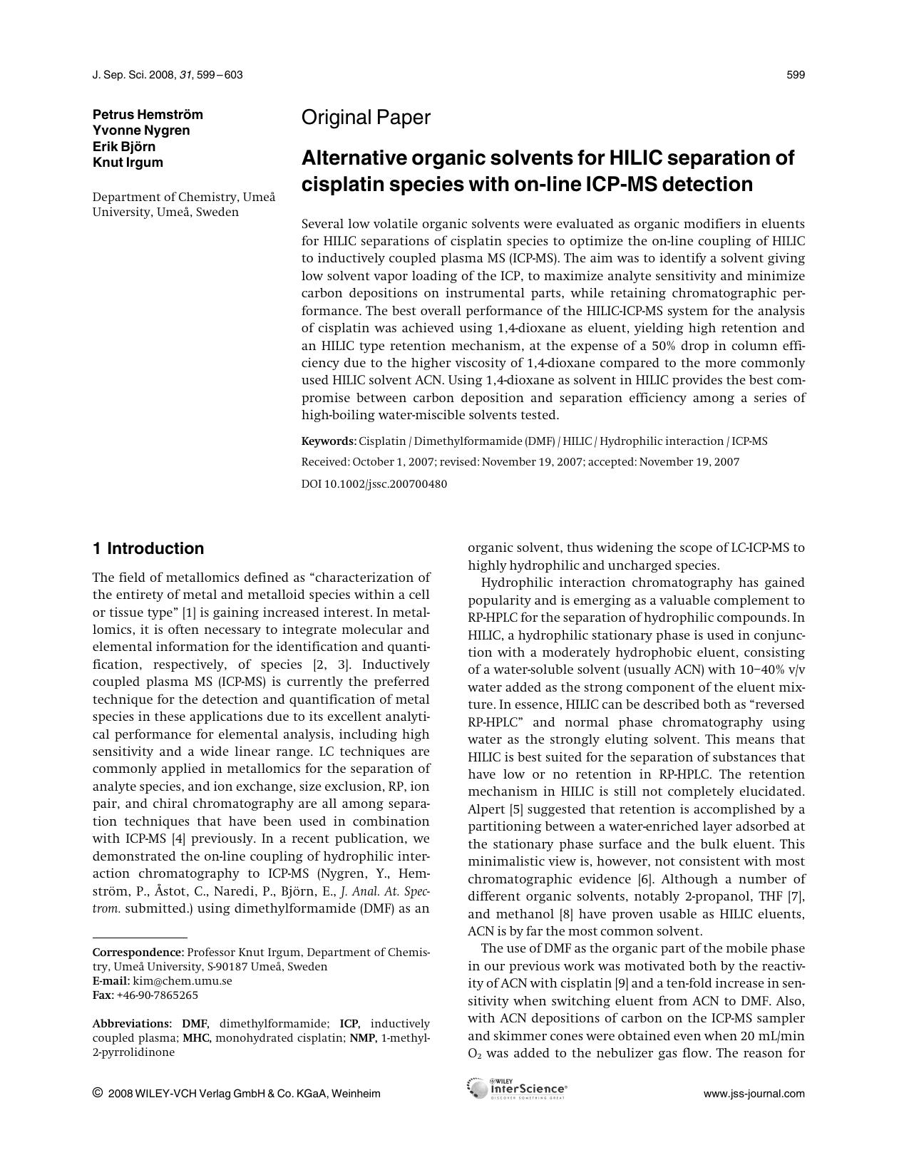Alternative organic solvents for HILIC separation of cisplatin species with on-line ICP-MS detection by Unknown