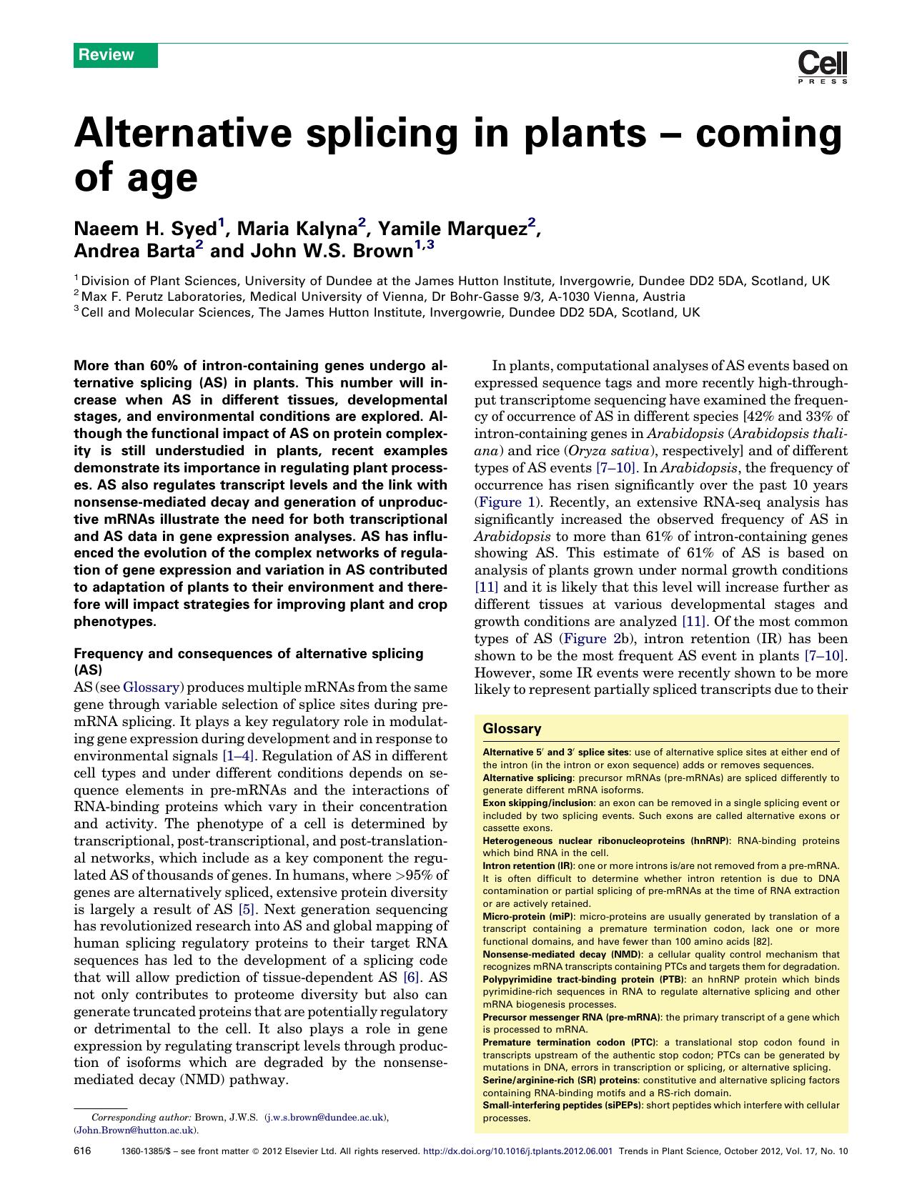 Alternative splicing in plants â coming of age by Naeem H. Syed