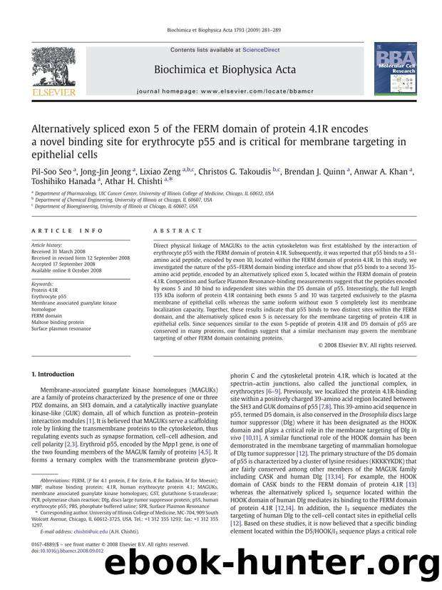 Alternatively spliced exon 5 of the FERM domain of protein 4.1R encodes a novel binding site for erythrocyte p55 and is critical for membrane targeting in epithelial cells by unknow