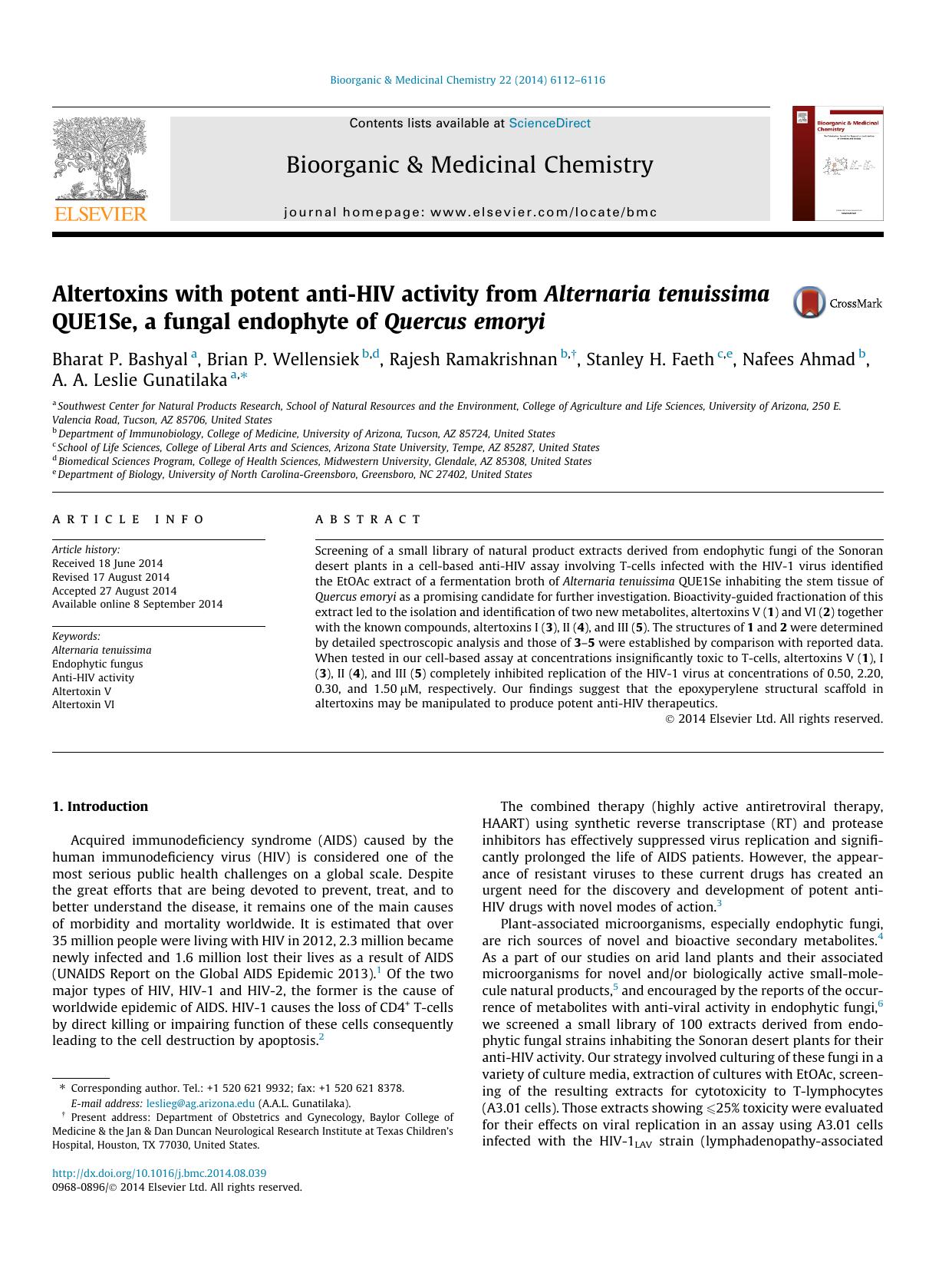 Altertoxins with potent anti-HIV activity from Alternaria tenuissima QUE1Se, a fungal endophyte of Quercus emoryi by unknow