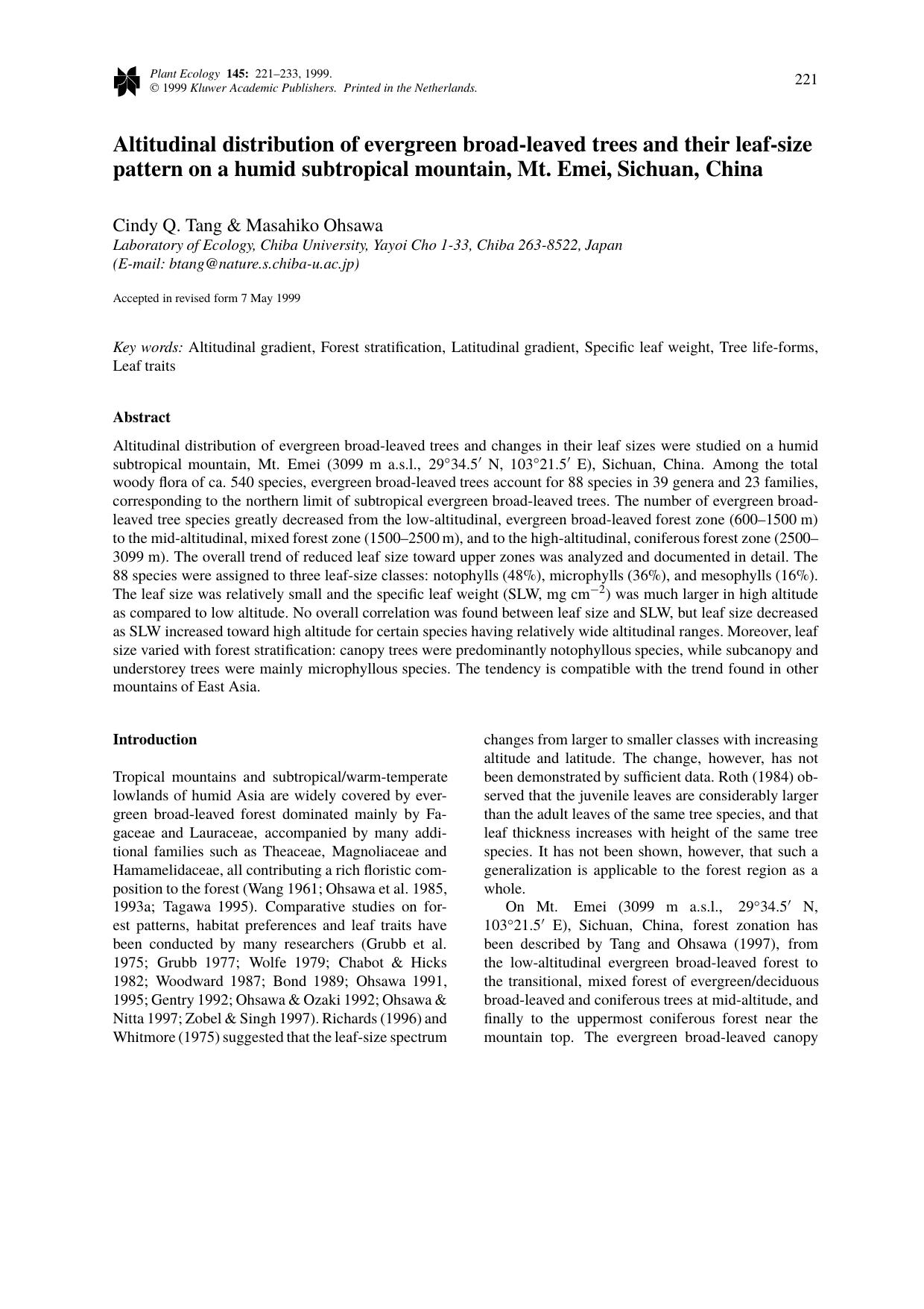 Altitudinal distribution of evergreen broad-leaved trees and their leaf-size pattern on a humid subtropical mountain, Mt. Emei, Sichuan, China by Unknown