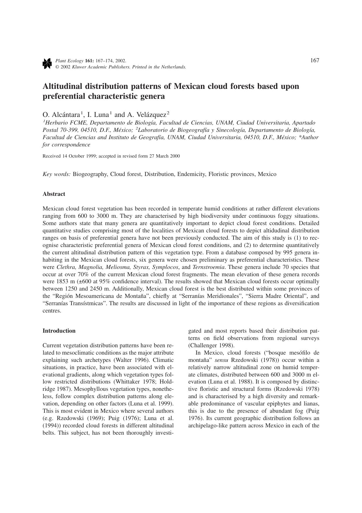 Altitudinal distribution patterns of Mexican cloud forests based upon preferential characteristic genera by Unknown