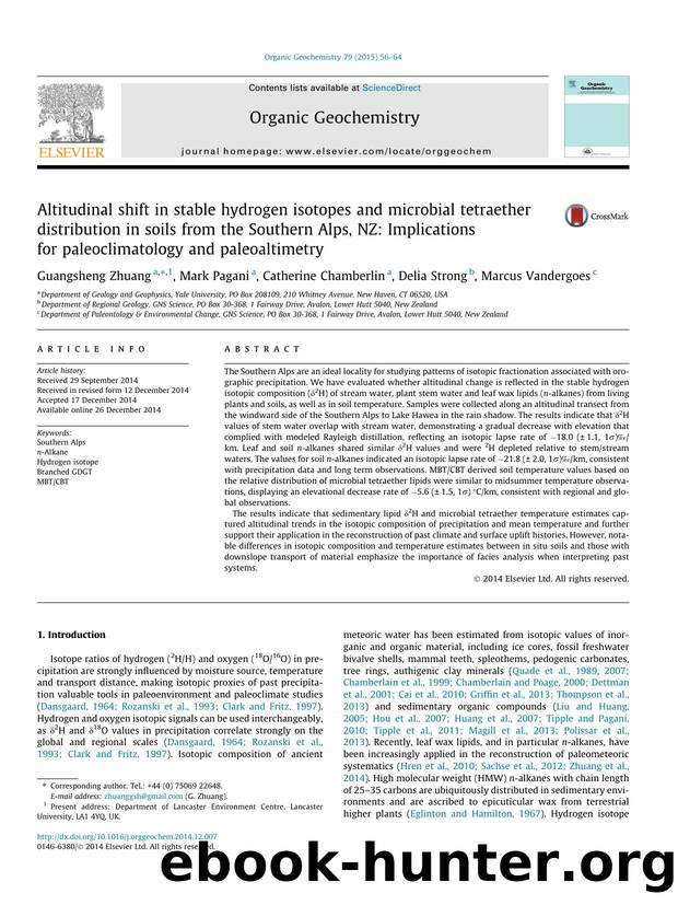 Altitudinal shift in stable hydrogen isotopes and microbial tetraether distribution in soils from the Southern Alps, NZ: Implications for paleoclimatology and paleoaltimetry by Guangsheng Zhuang & Mark Pagani & Catherine Chamberlin & Delia Strong & Marcus Vandergoes
