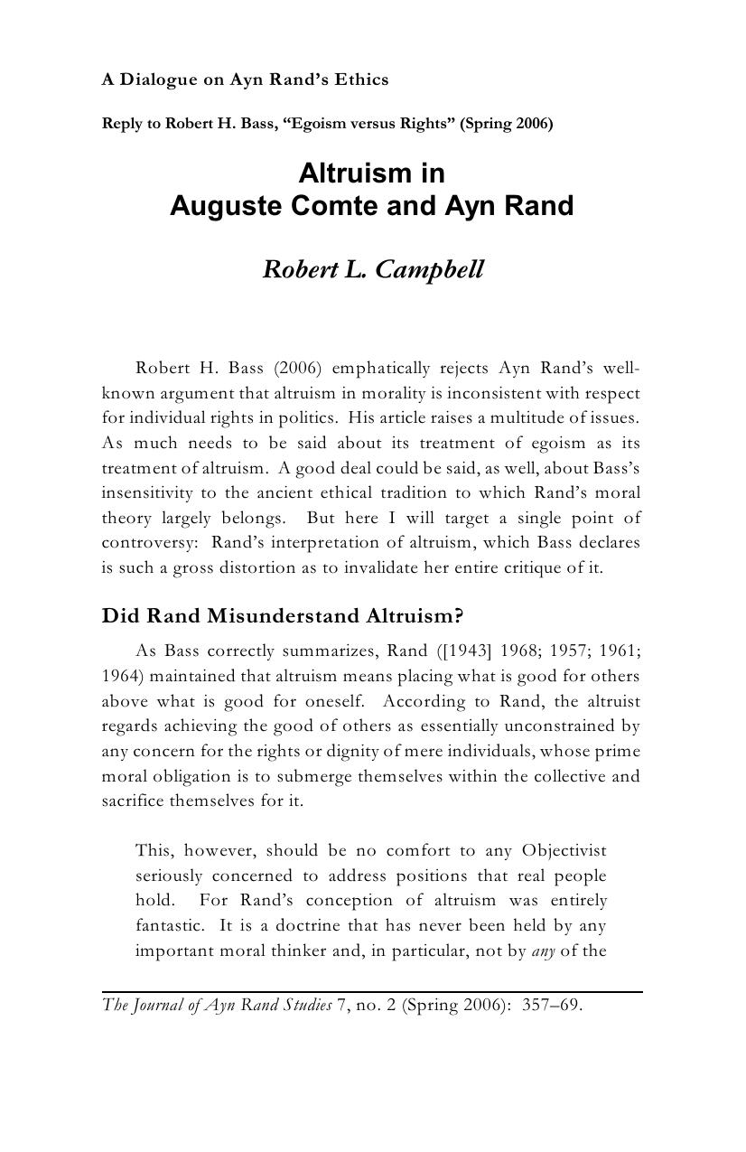 Altruism In Auguste Comte And Ayn Rand by Chris Sciabarra