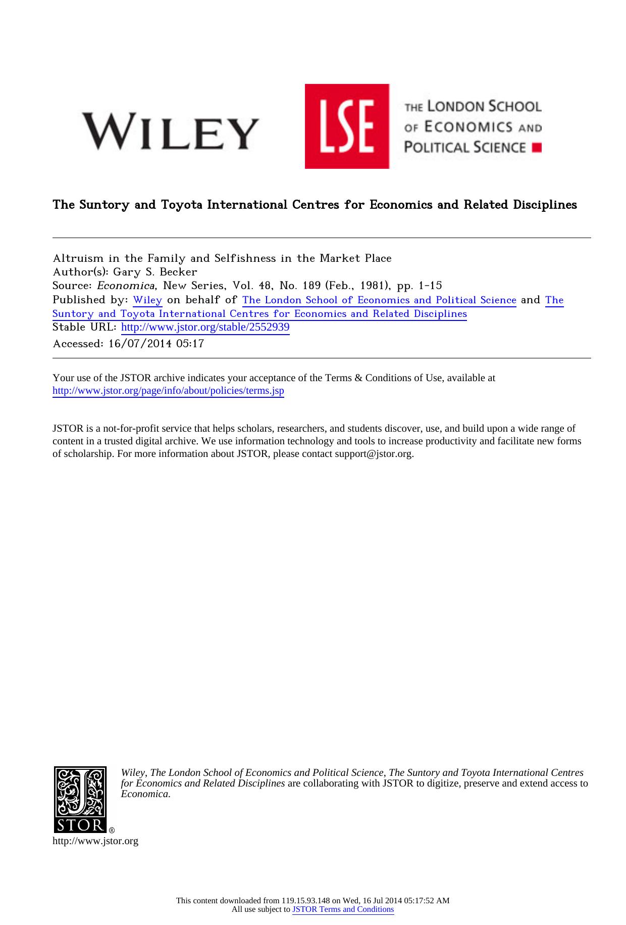 Altruism in the Family and Selfishness in the Market Place by Altruism in the Family & Selfishness in the Market Place