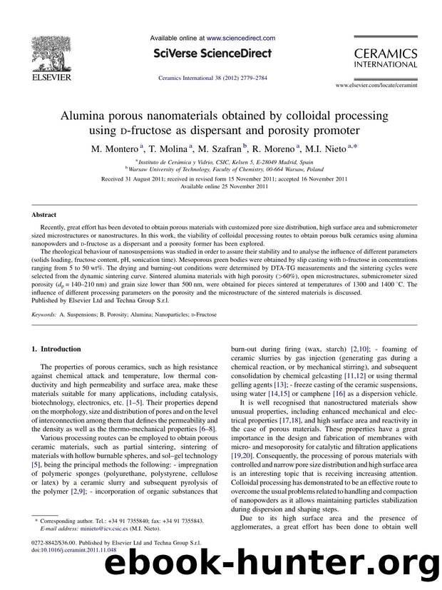 Alumina porous nanomaterials obtained by colloidal processing using d-fructose as dispersant and porosity promoter by M. Montero