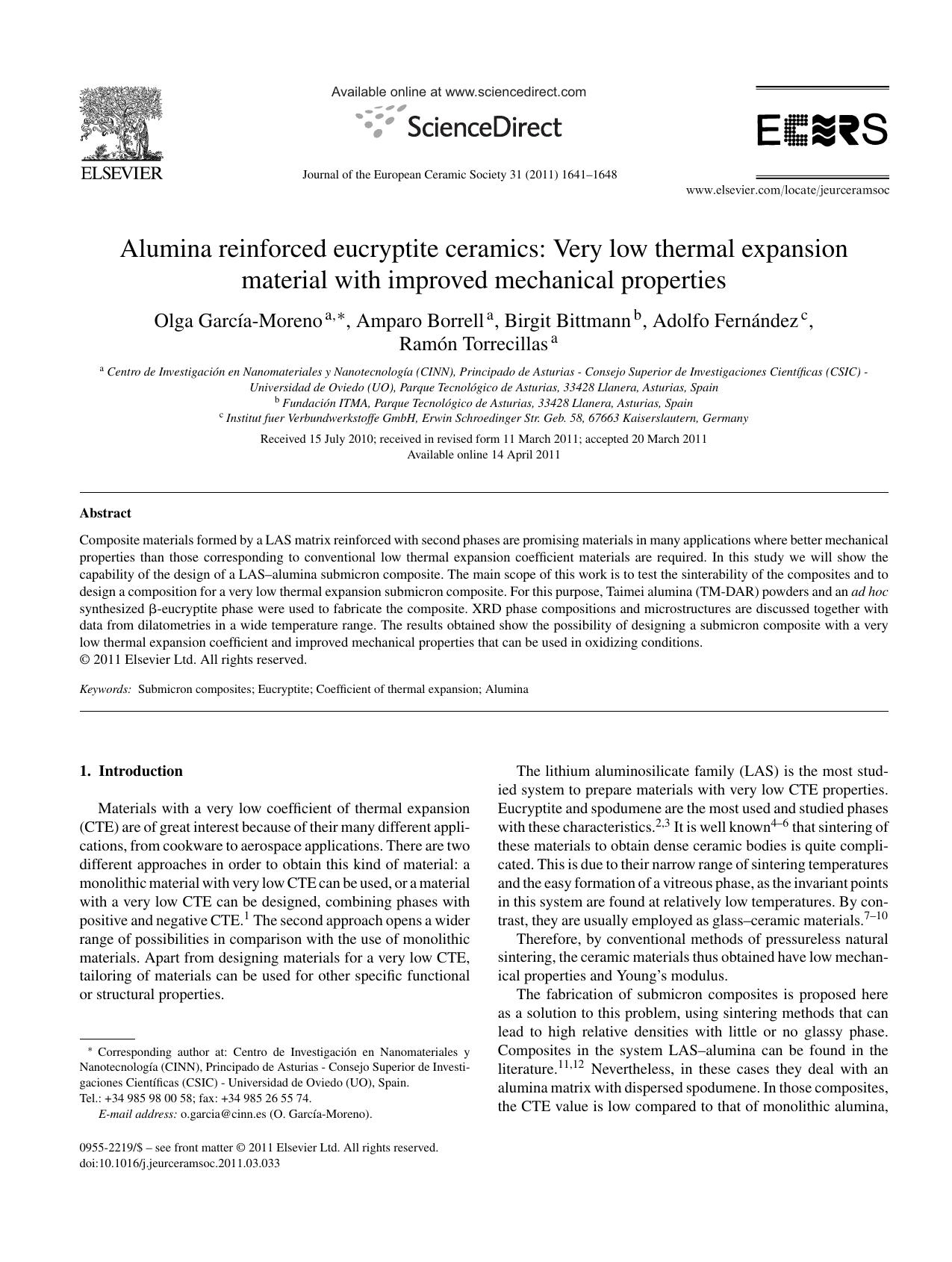Alumina reinforced eucryptite ceramics: Very low thermal expansion material with improved mechanical properties by Olga GarcÃ­a-Moreno