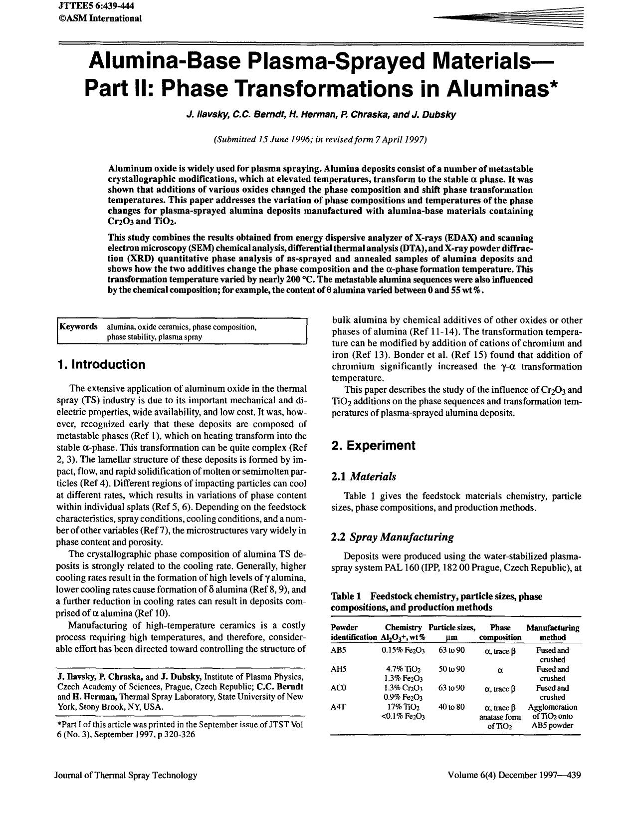 Alumina-base plasma-sprayed materials—Part II: Phase transformations in aluminas by Unknown