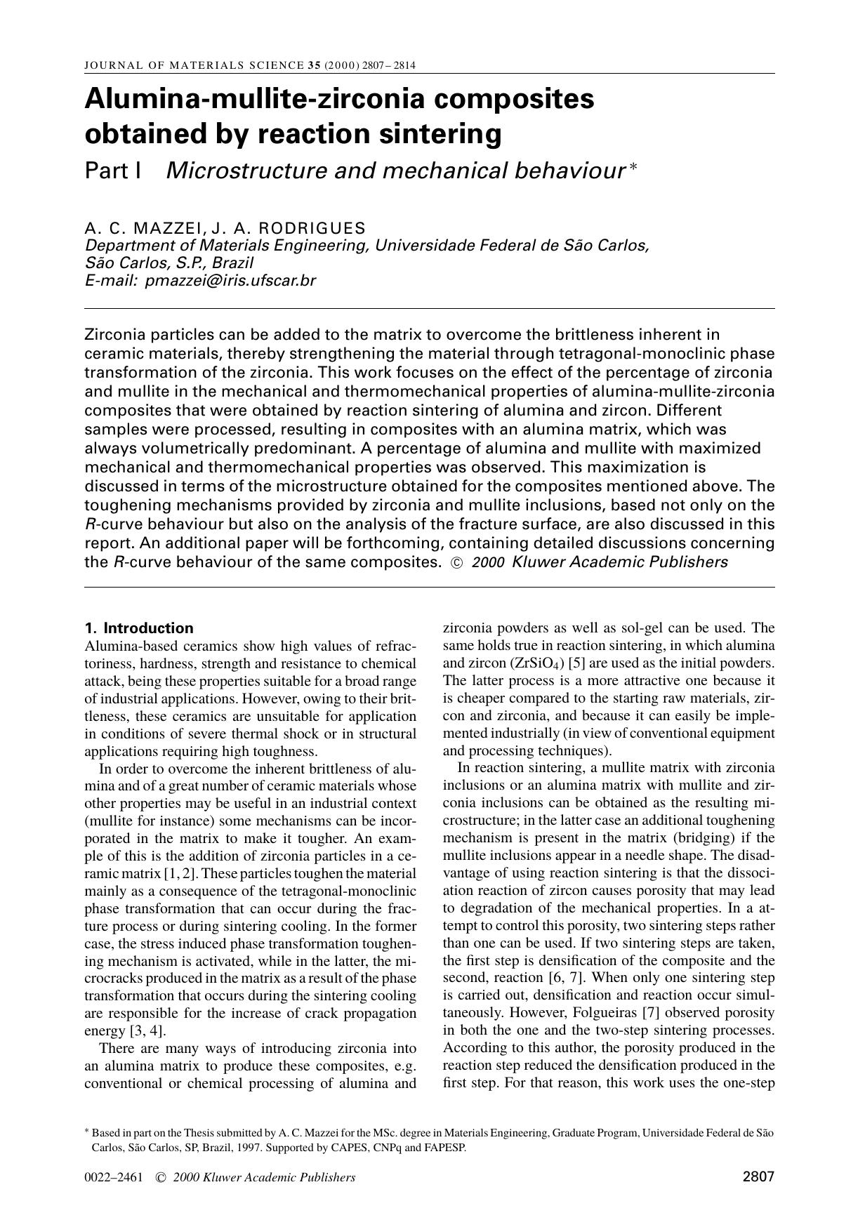 Alumina-mullite-zirconia composites obtained by reaction sintering: Part I. Microstructure and mechanical behaviour by Unknown
