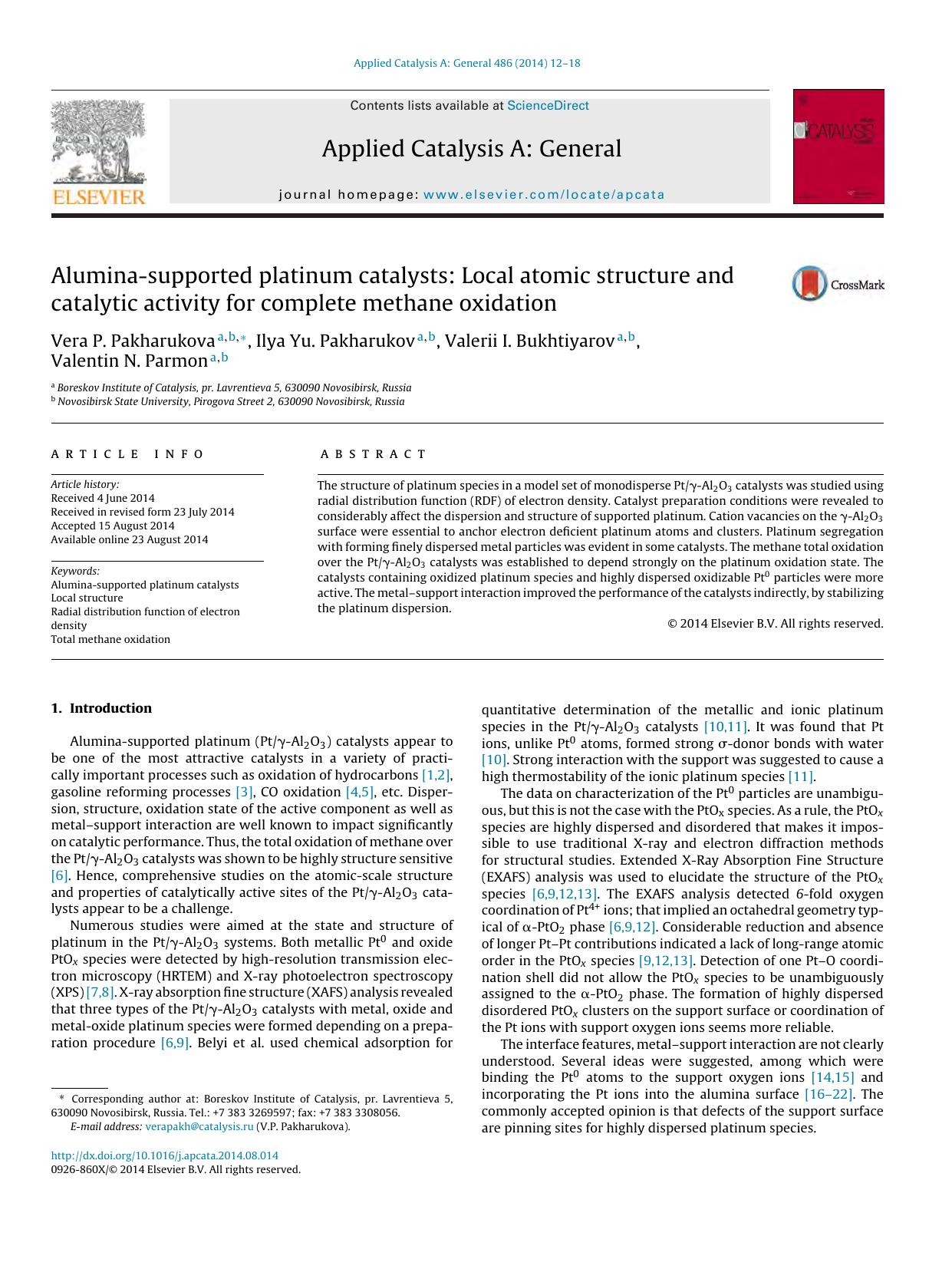 Alumina-supported platinum catalysts: Local atomic structure and catalytic activity for complete methane oxidation by Vera P. Pakharukova & Ilya Yu. Pakharukov & Valerii I. Bukhtiyarov & Valentin N. Parmon