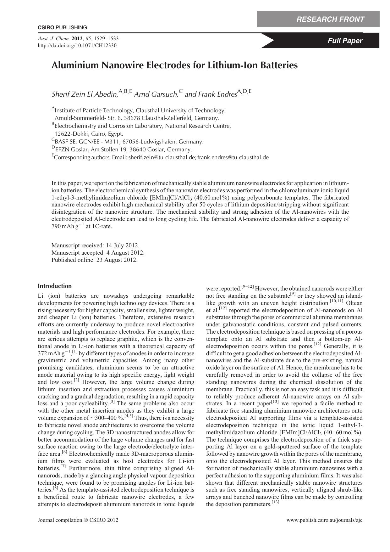 Aluminium Nanowire Electrodes for Lithium-Ion Batteries by S. Z. El Abedin & A. Garsuch & and F. Endres