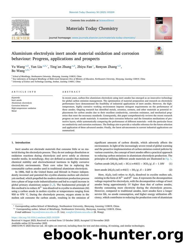 Aluminium electrolysis inert anode material oxidation and corrosion behaviour: Progress, applications and prospects by Yu Wang & Yan Liu & Ting'an Zhang & Zhiyu Fan & Renyun Zhang & Bo Wang