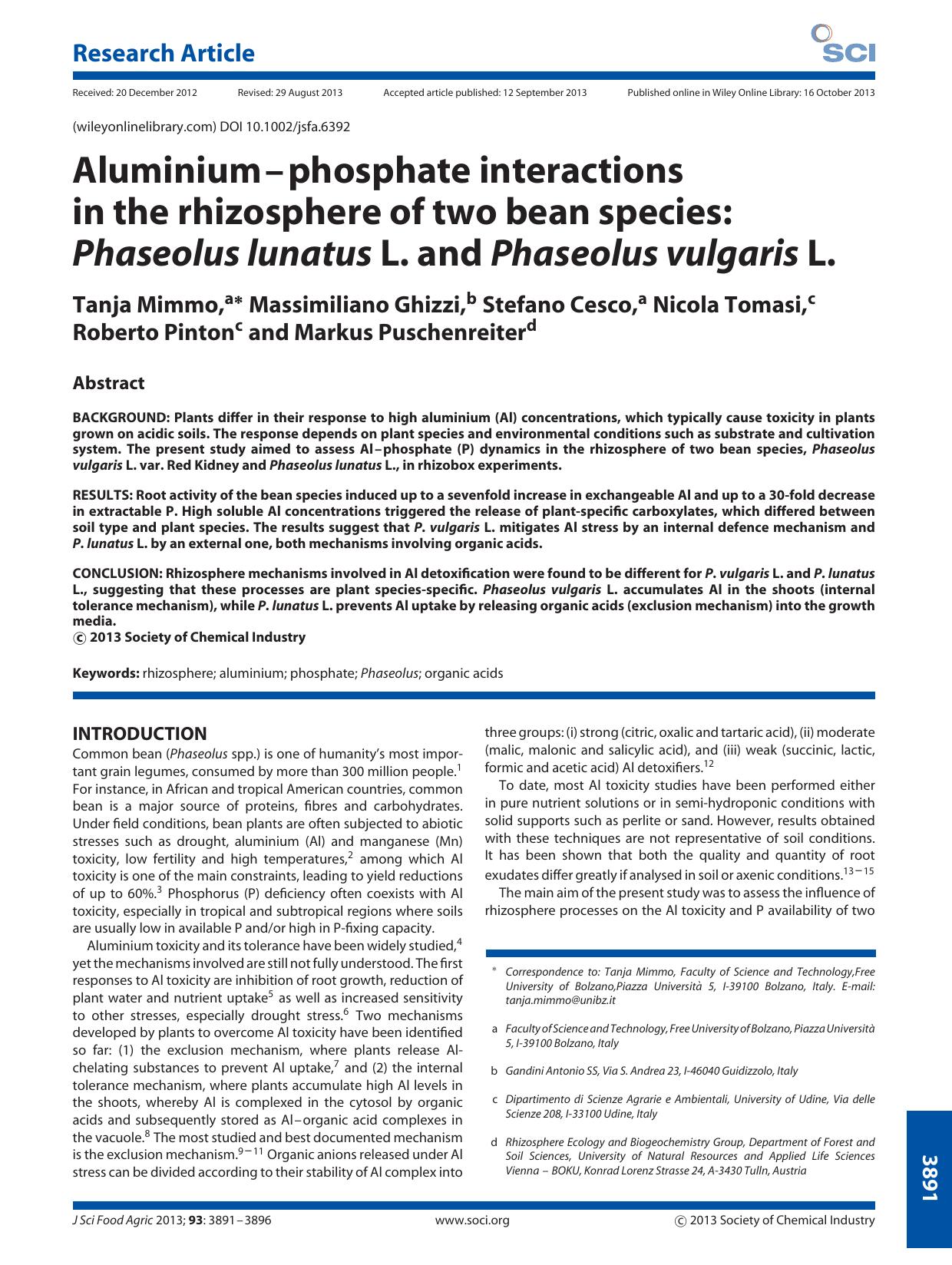 Aluminiumphosphate interactions in the rhizosphere of two bean species: Phaseolus lunatus L. and Phaseolus vulgaris L by Unknown