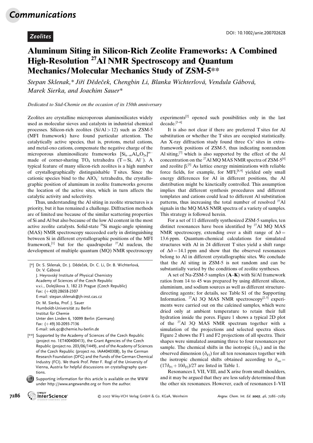 Aluminum Siting in Silicon-Rich Zeolite Frameworks: A Combined High-Resolution 27Al[emsp14]NMR Spectroscopy and Quantum Mechanics[thinsp][thinsp]Molecular Mechanics Study of ZSM-5 by Unknown