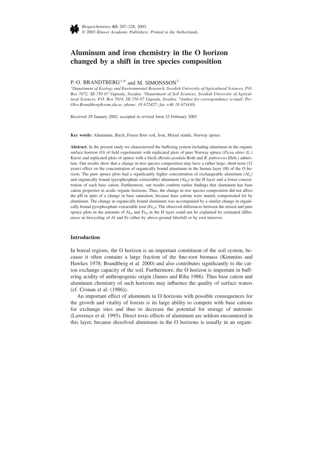 Aluminum and iron chemistry in the O horizon changed by a shift in tree species composition by Unknown