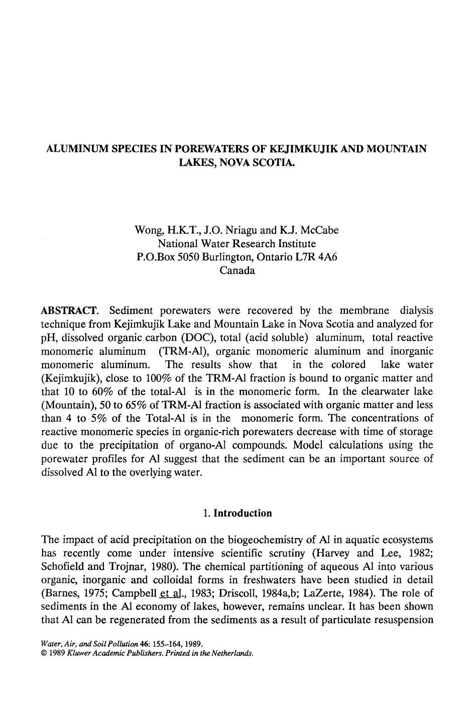 Aluminum species in porewaters of Kejimkujik and Mountain Lakes, Nova Scotia by Unknown