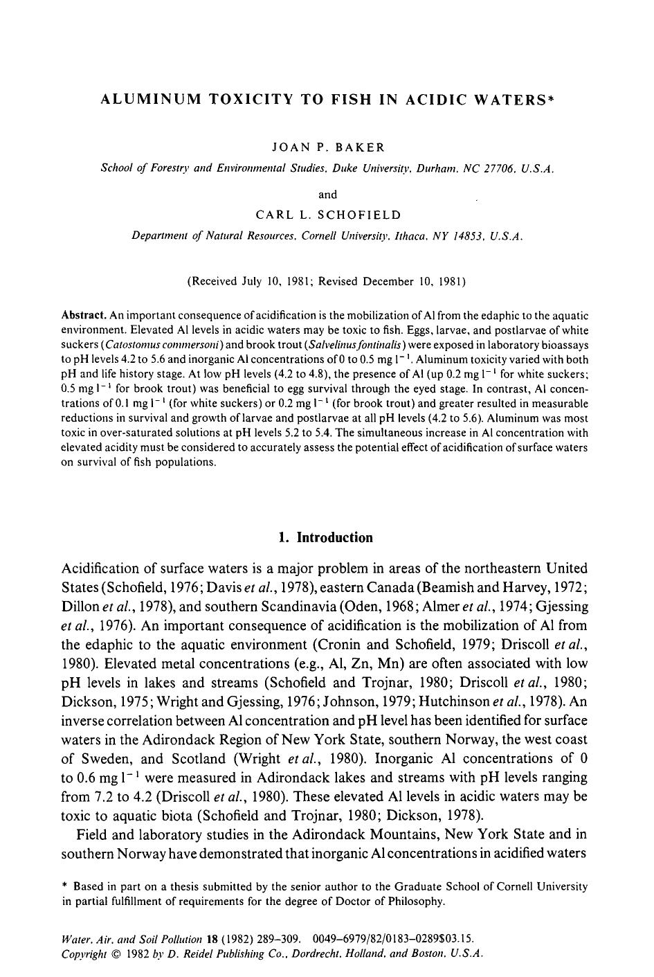 Aluminum toxicity to fish in acidic waters by Unknown