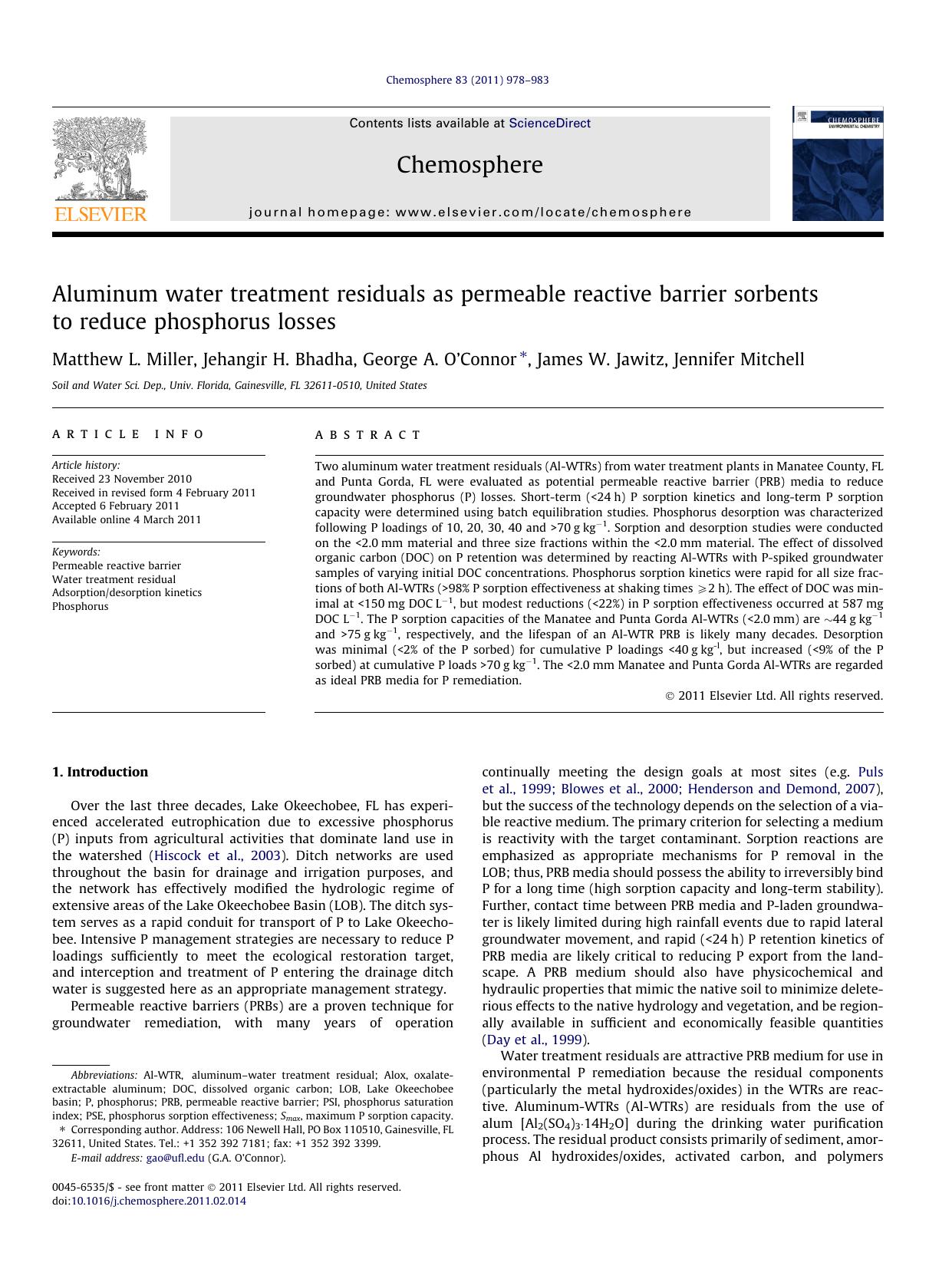 Aluminum water treatment residuals as permeable reactive barrier sorbents to reduce phosphorus losses by Matthew L. Miller & Jehangir H. Bhadha & George A. O’Connor & James W. Jawitz & Jennifer Mitchell