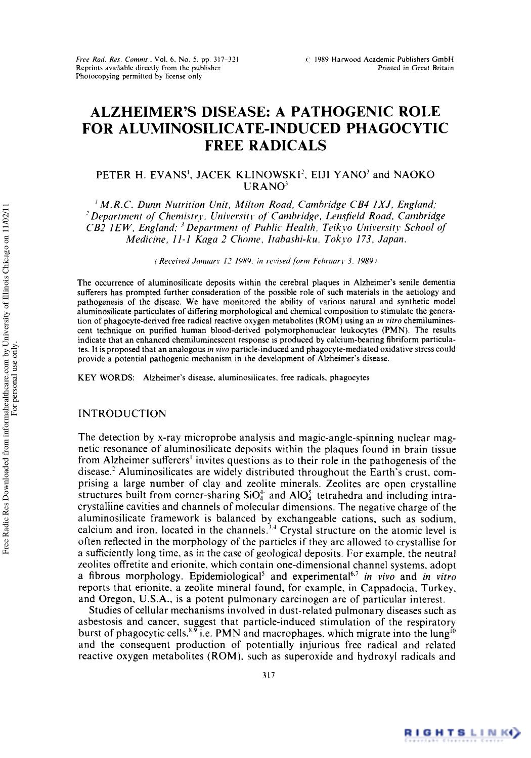 Alzheimer's Disease: a Pathogenic Role for Aluminosilicate-Induced Phagocytic Free Radicals by Peter H. Evans1 Jacek Klinowski2 Eijl Yano3 & Naoko Urano3