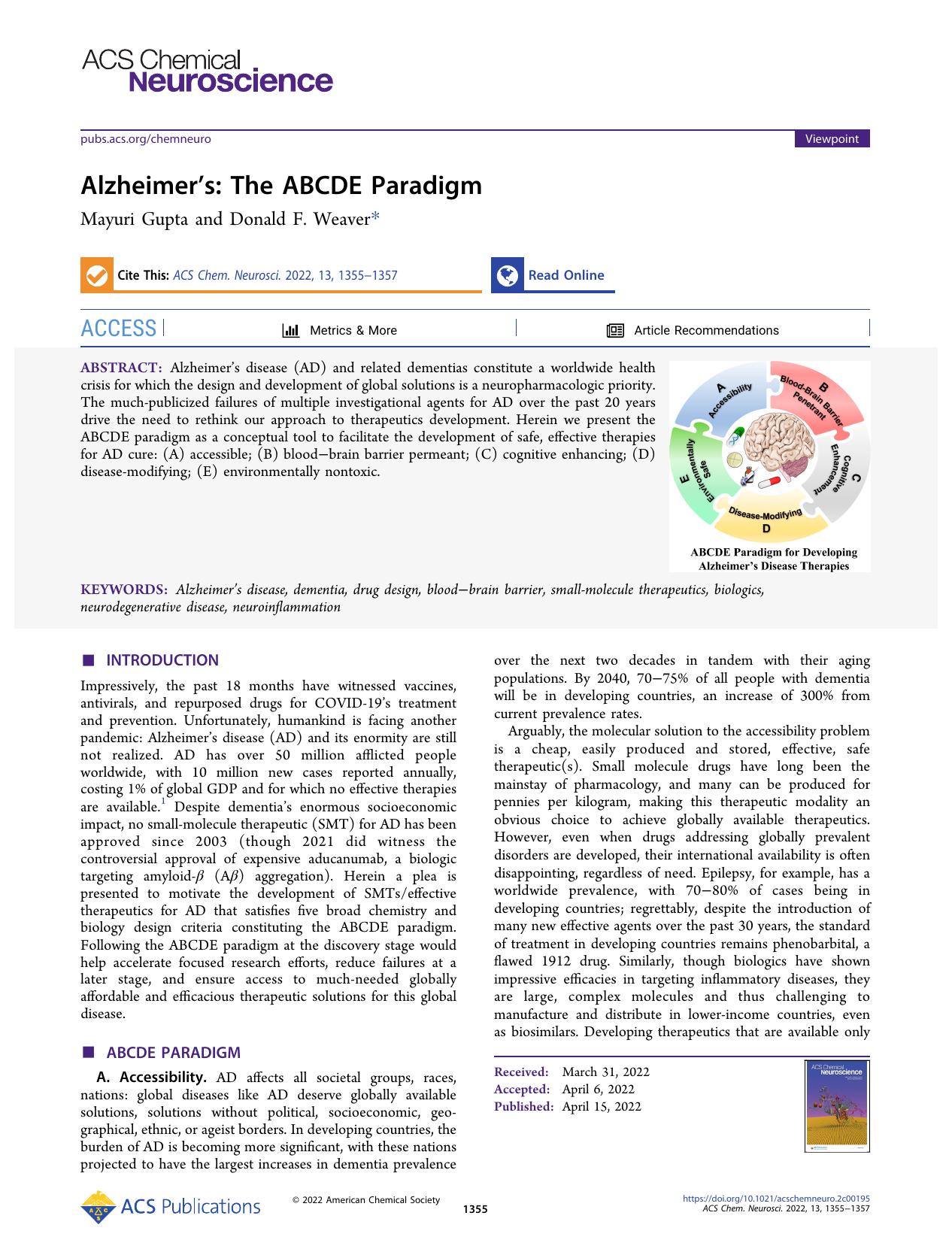 Alzheimerâs: The ABCDE Paradigm by Mayuri Gupta and Donald F. Weaver