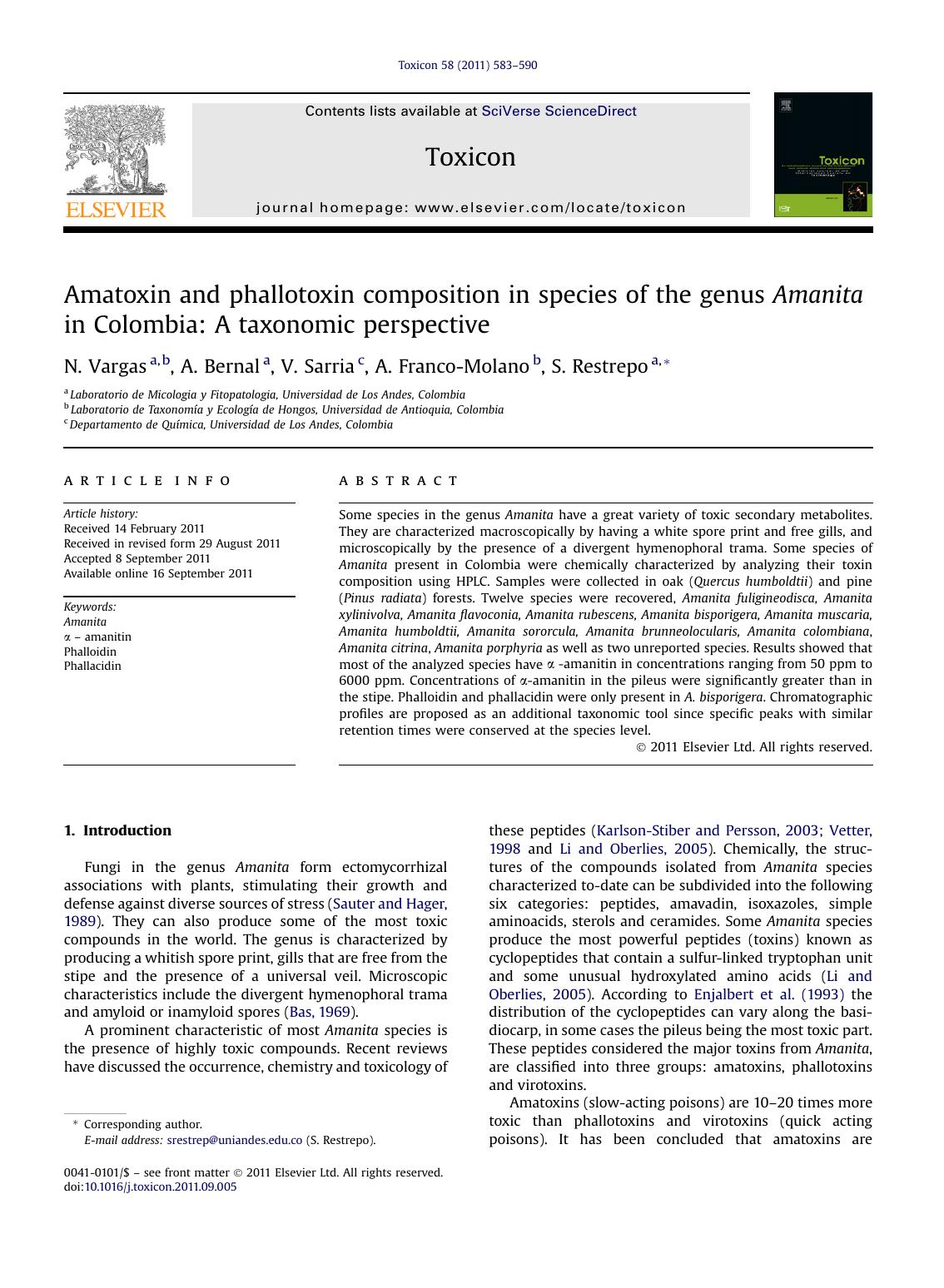 Amatoxin and phallotoxin composition in species of the genus Amanita in Colombia: A taxonomic perspective by N. Vargas & A. Bernal & V. Sarria & A. Franco-Molano & S. Restrepo