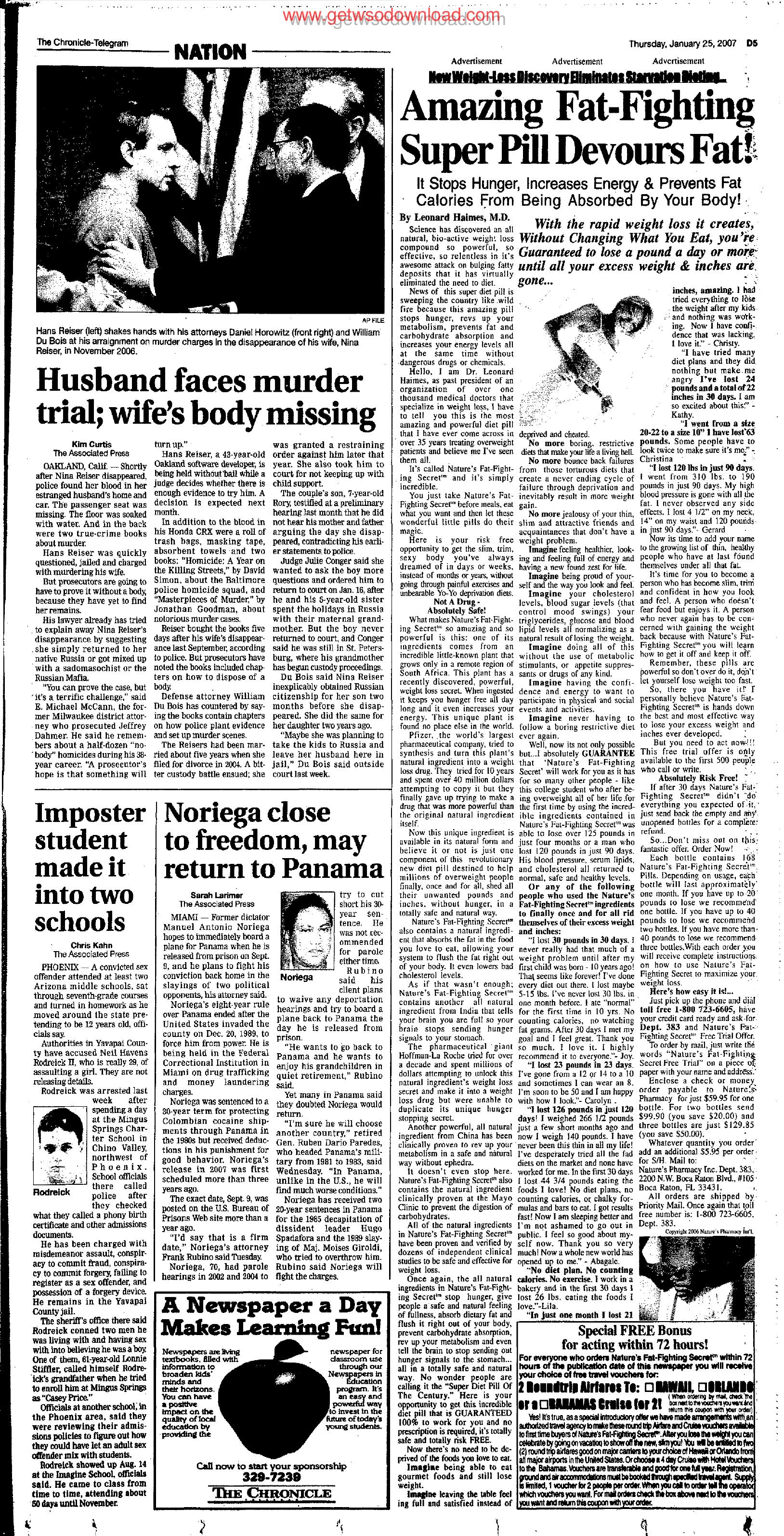 Amazing Fat-Fighting Super Pill Devours Fat (Frank Sarcona 20 Year Prision sentence) by Copyright 2007 Heritage Microfilm Inc. & Newspaperarchive.com