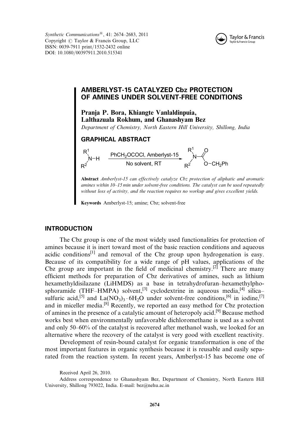 Amberlyst-15 Catalyzed Cbz Protection of Amines Under Solvent-Free Conditions by unknow