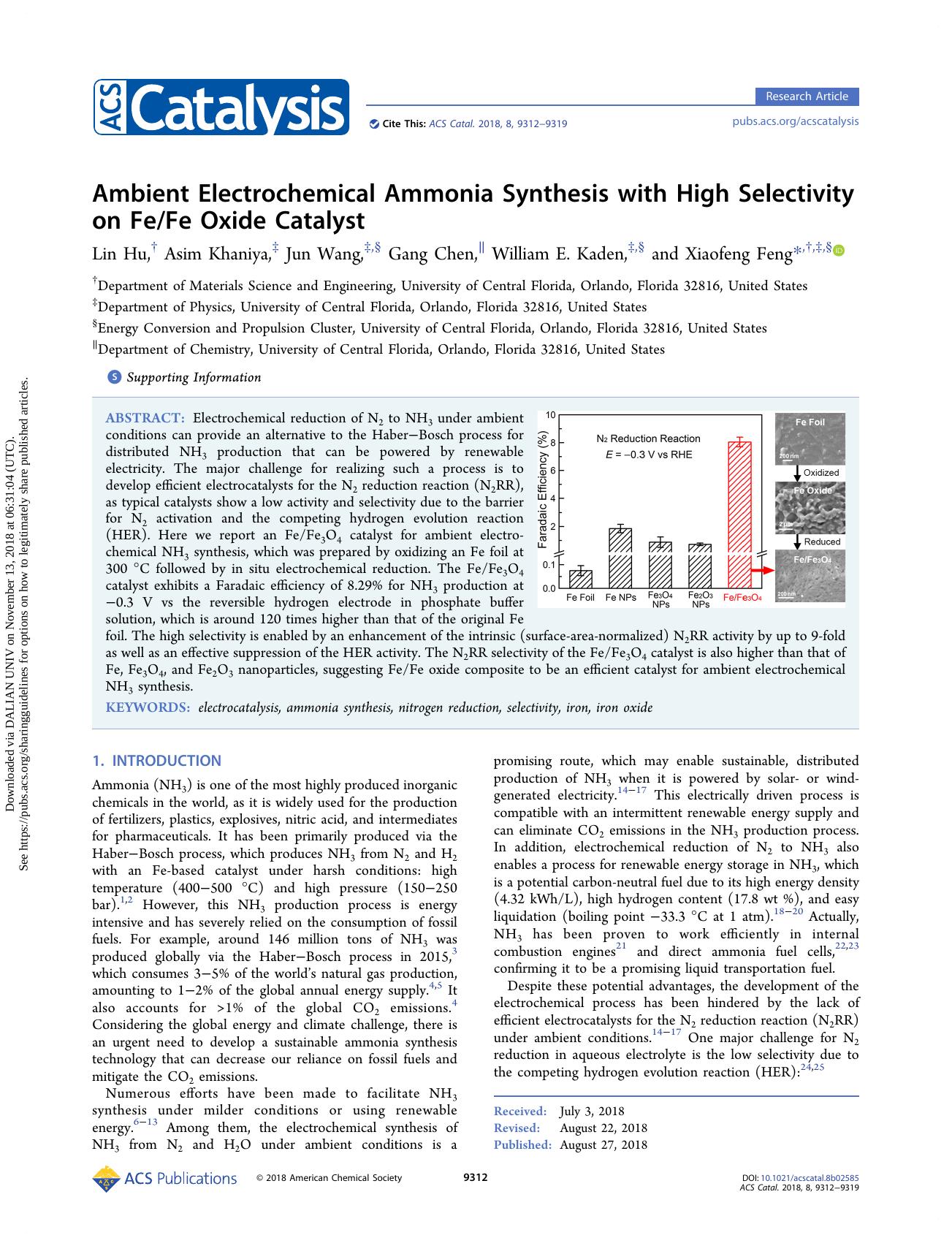 Ambient Electrochemical Ammonia Synthesis with High Selectivity on FeFe Oxide Catalyst by Lin Hu & Asim Khaniya & Jun Wang & Gang Chen & William E. Kaden & Xiaofeng Feng