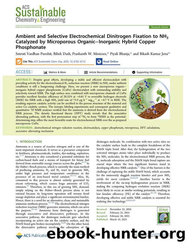 Ambient and Selective Electrochemical Dinitrogen Fixation to NH3 Catalyzed by Microporous OrganicâInorganic Hybrid Copper Phosphonate by Smruti Vardhan Purohit Bibek Dash Prashanth W. Menezes Piyali Bhanja and Bikash Kumar Jena