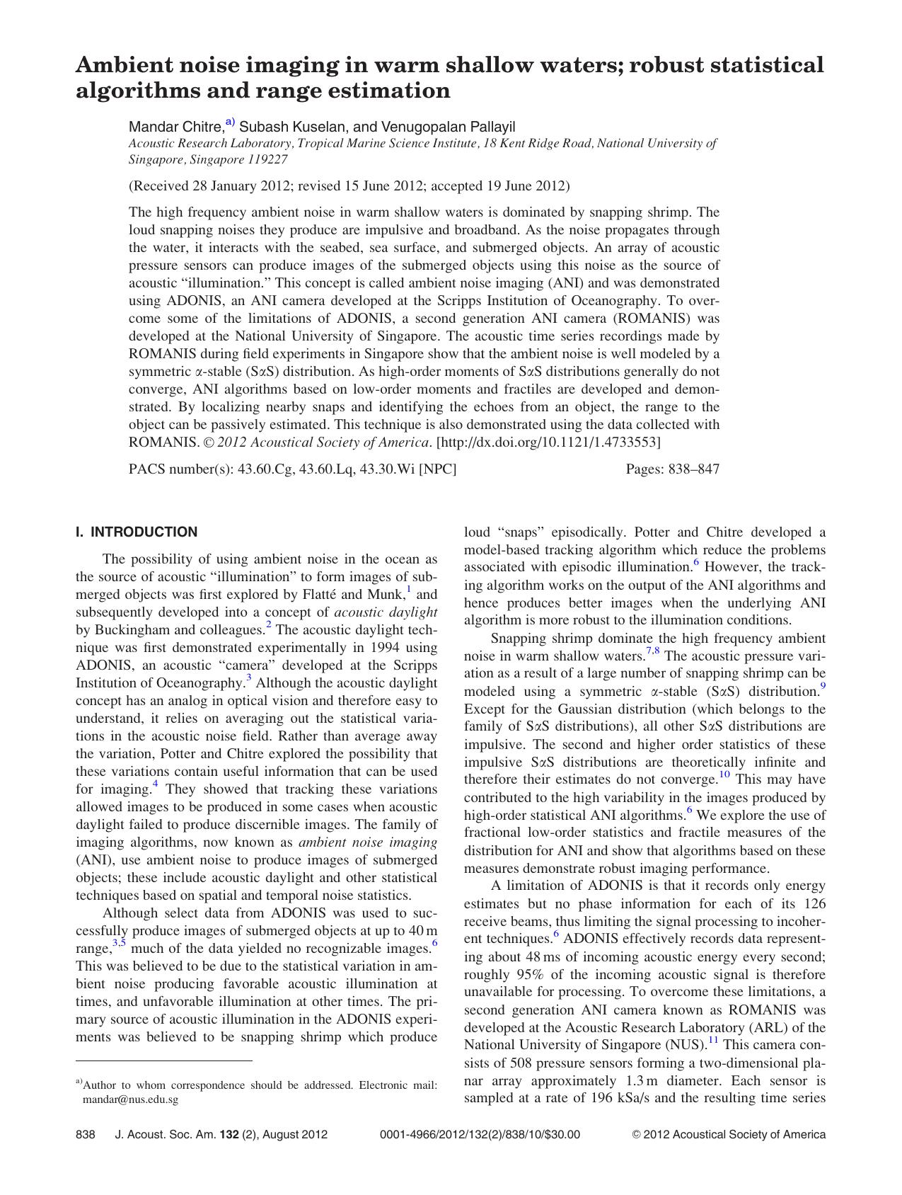 Ambient noise imaging in warm shallow waters; robust statistical algorithms and range estimation by Mandar Chitre a) Subash Kuselan and Venugopalan Pallayil