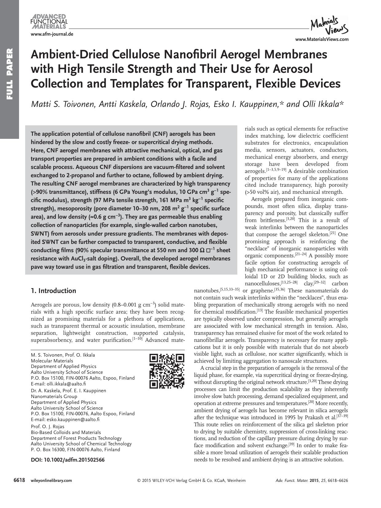 Ambient‐Dried Cellulose Nanofibril Aerogel Membranes with High Tensile Strength and Their Use for Aerosol Collection and Templates for Transparent, Flexible Devices by Unknown